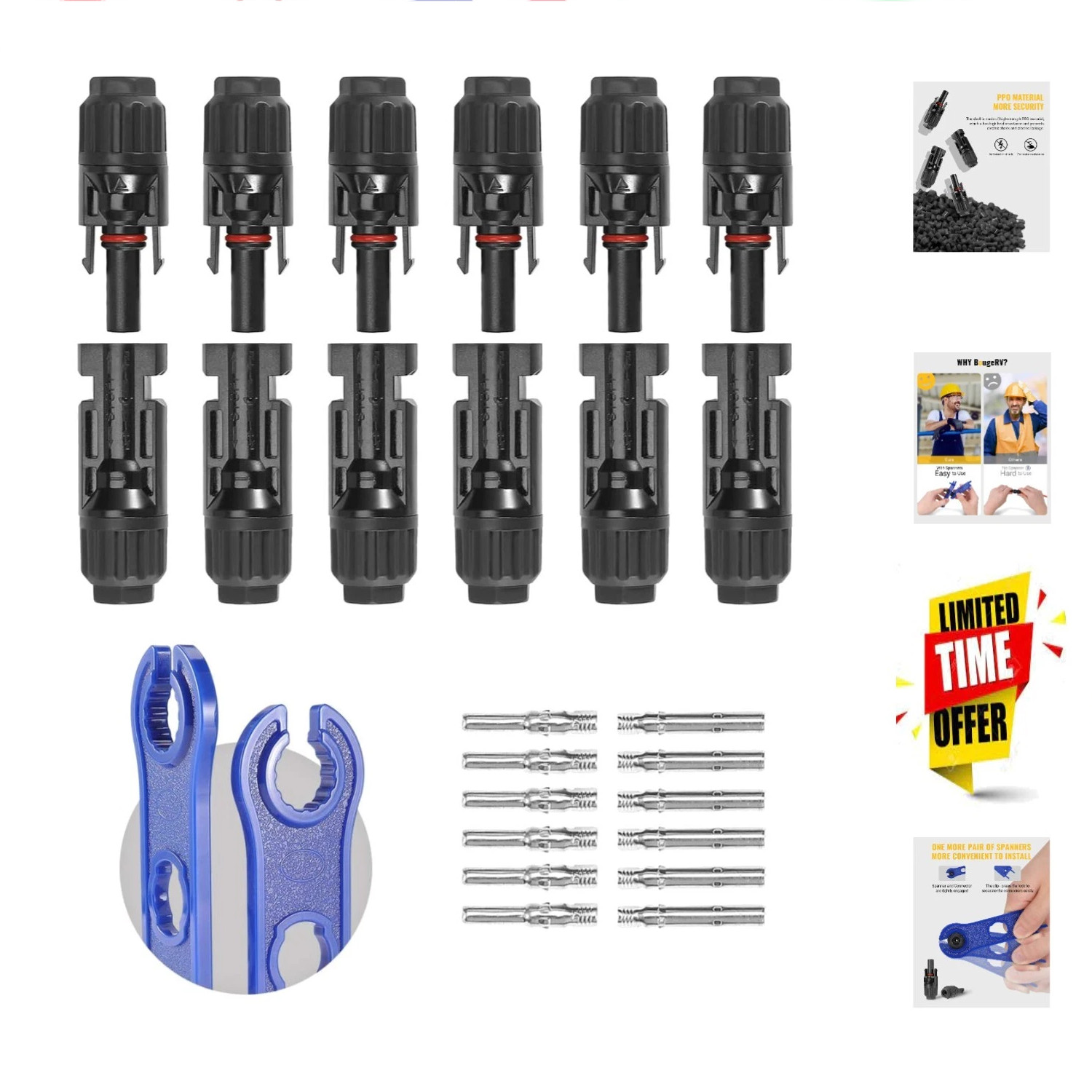 12 PCS Solar Connectors with Spanners Solar Panel Cable Connectors 6 Pair