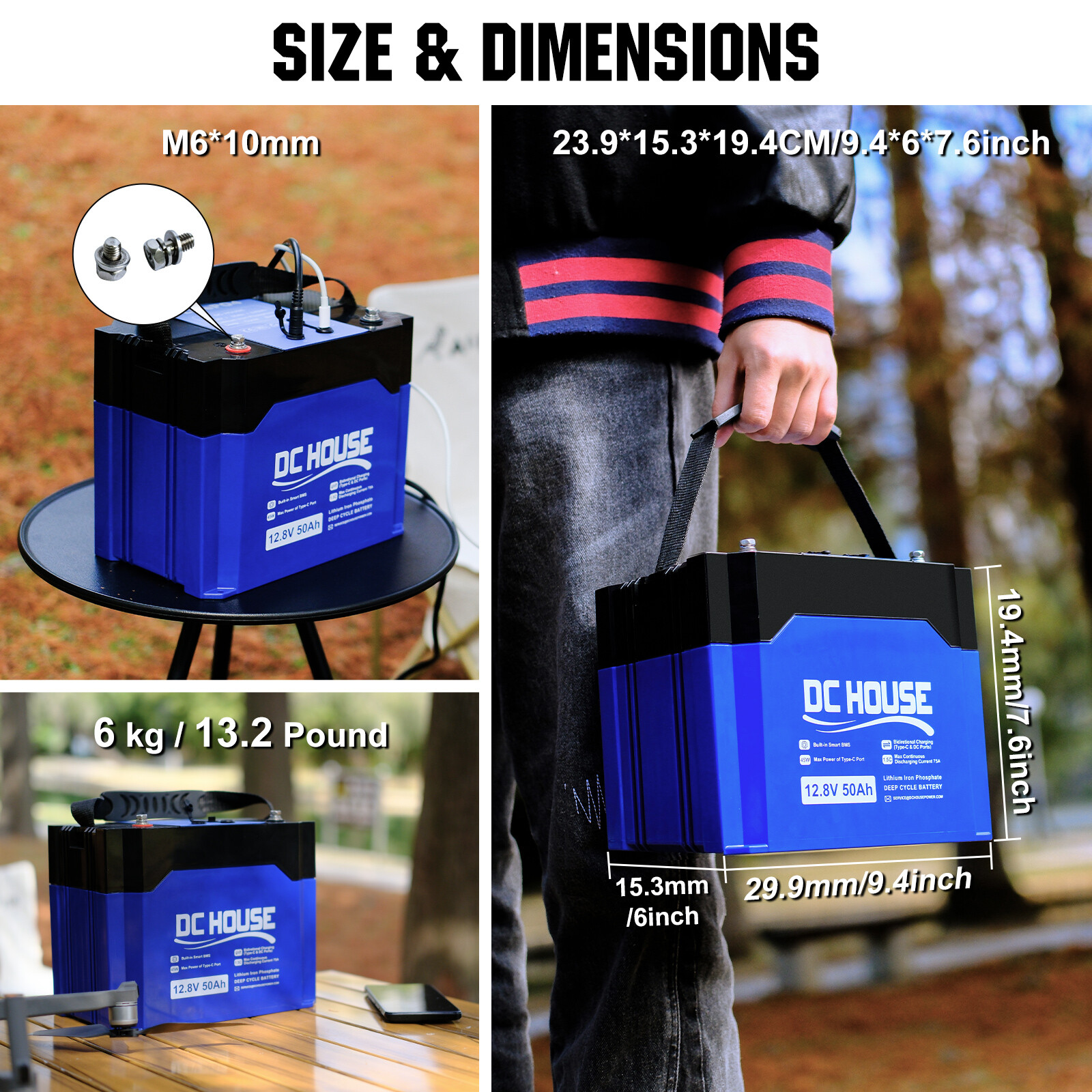 12V 50Ah Portable LiFePO4 Lithium Battery with DC & TypeC Ports Solar Camping