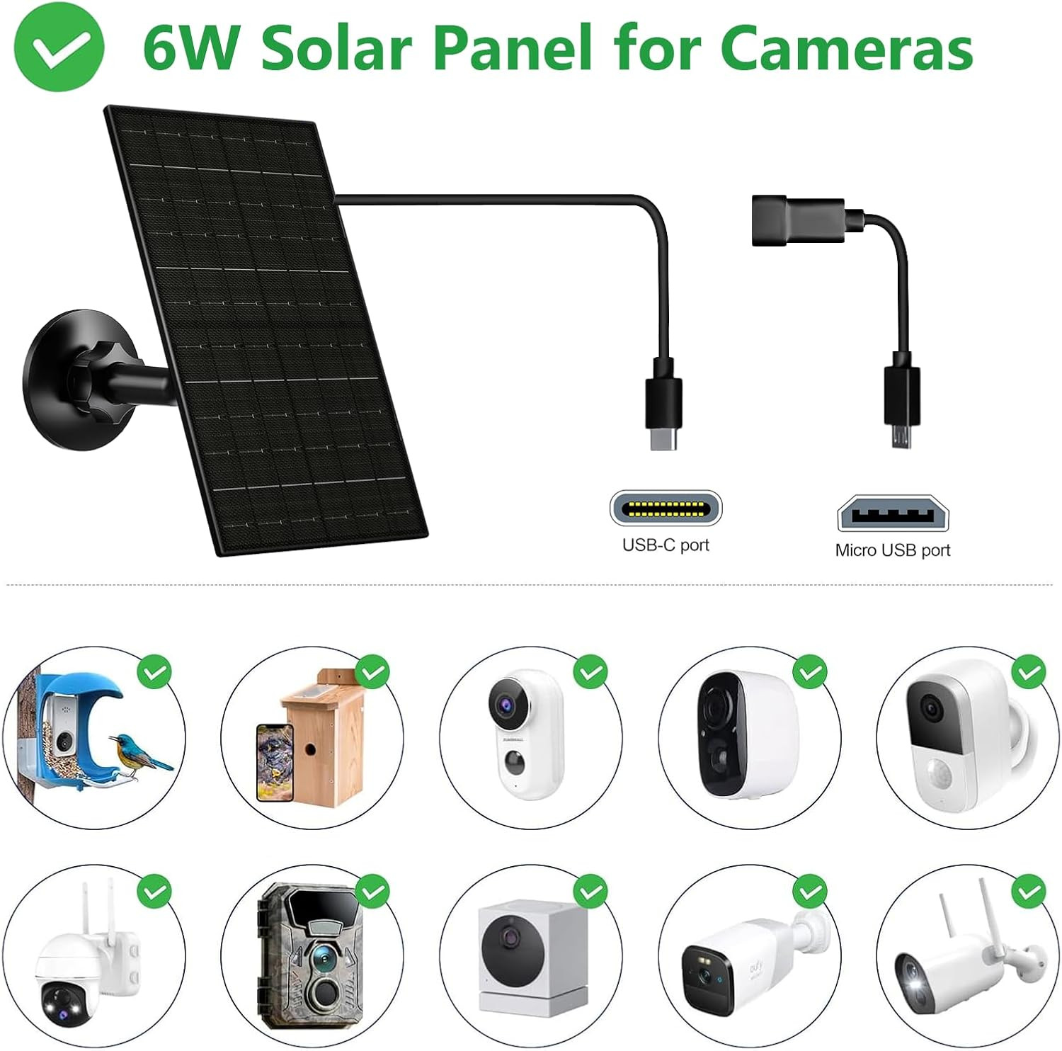 6W Security Camera Solar Panel, 5V USB-C/USB Solar Charger Compatible with Recha