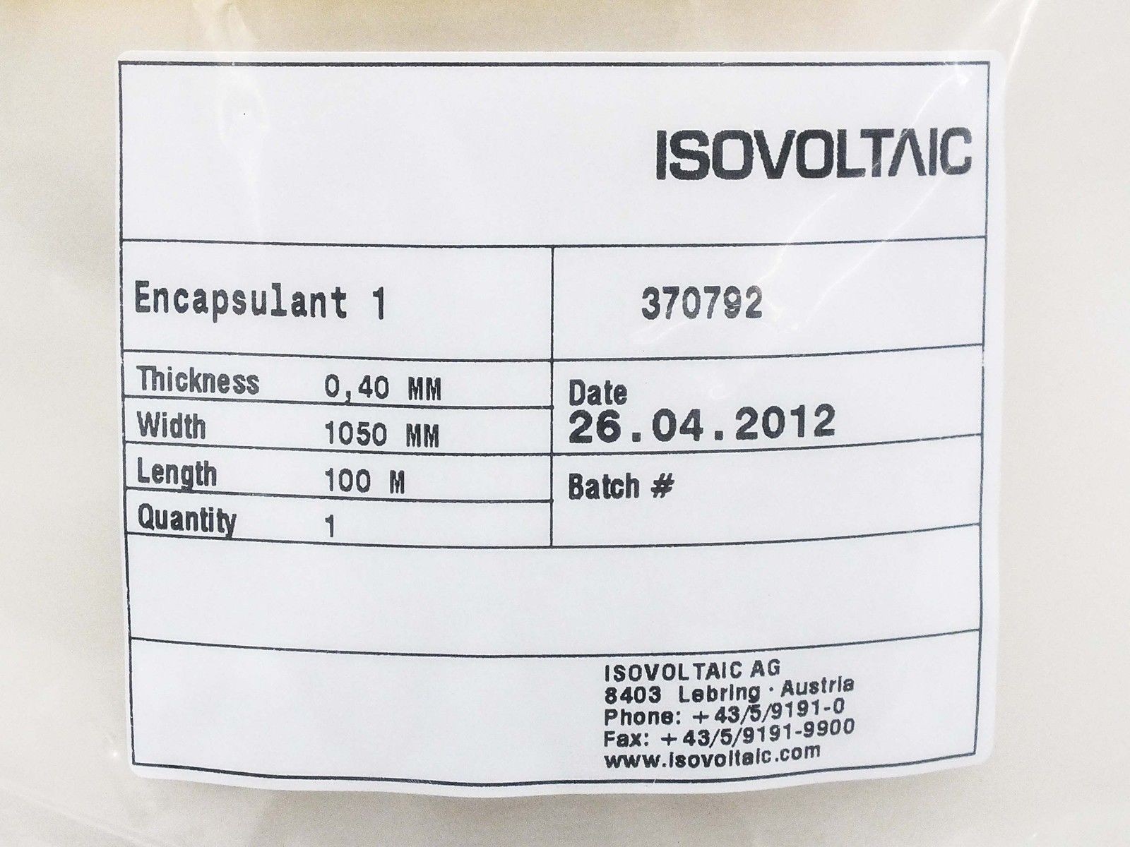 Isovoltaic 100M Long 0.40MM Thick 1.05M Wide Solar Panel Encapsulant Roll 370792