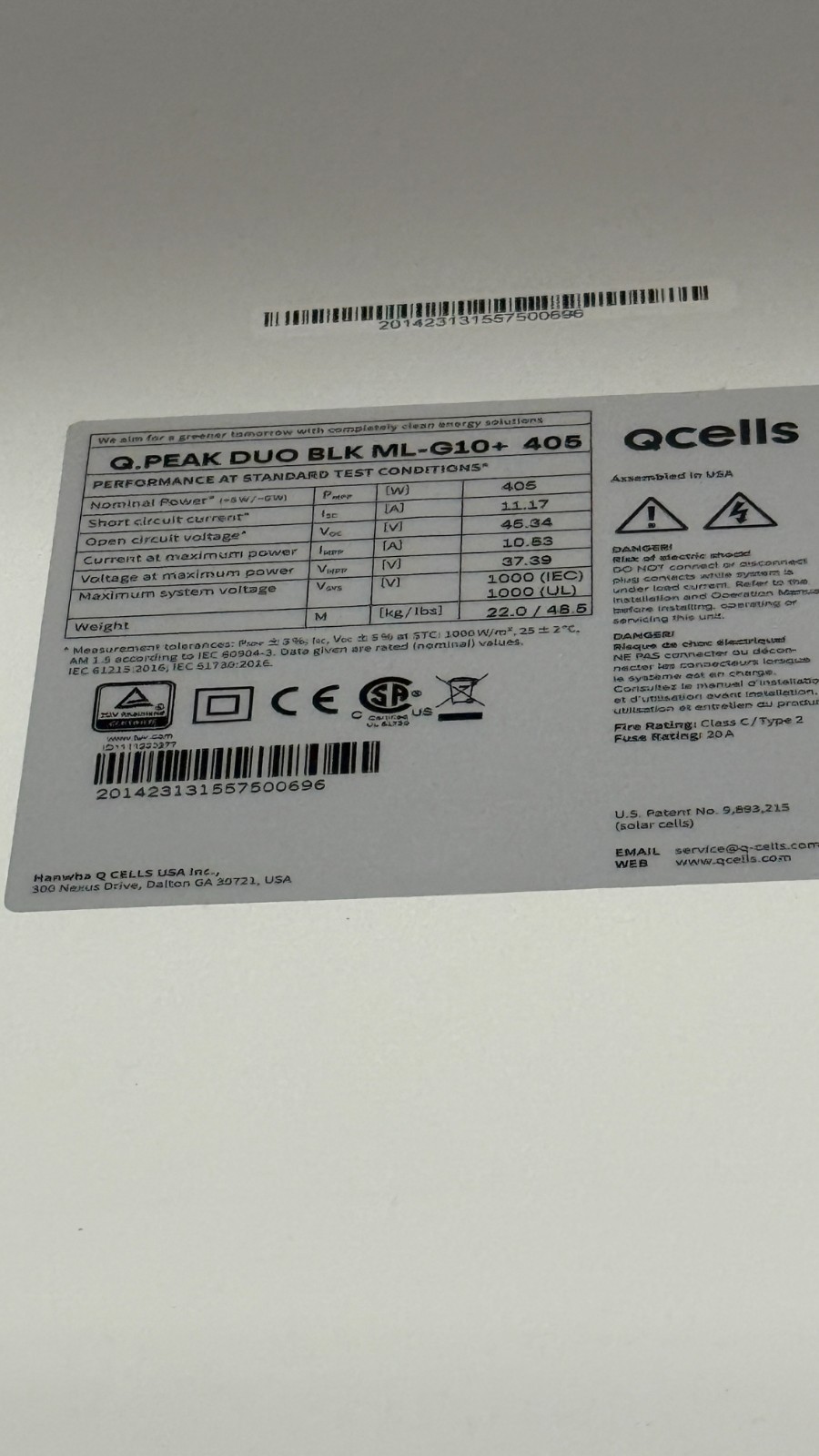 QCell Q.PEAK DUO BLK-ML G10+ 405 Hanwa