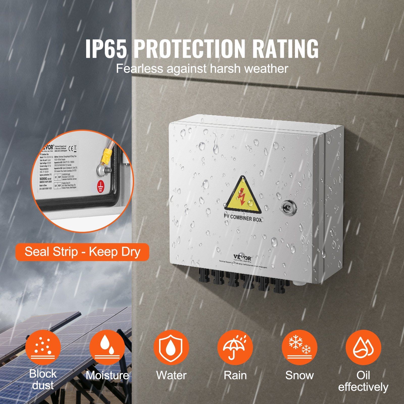 6 String 15A Solar PV Combiner Box IP65 Rated Steel Enclosure Waterproof Design