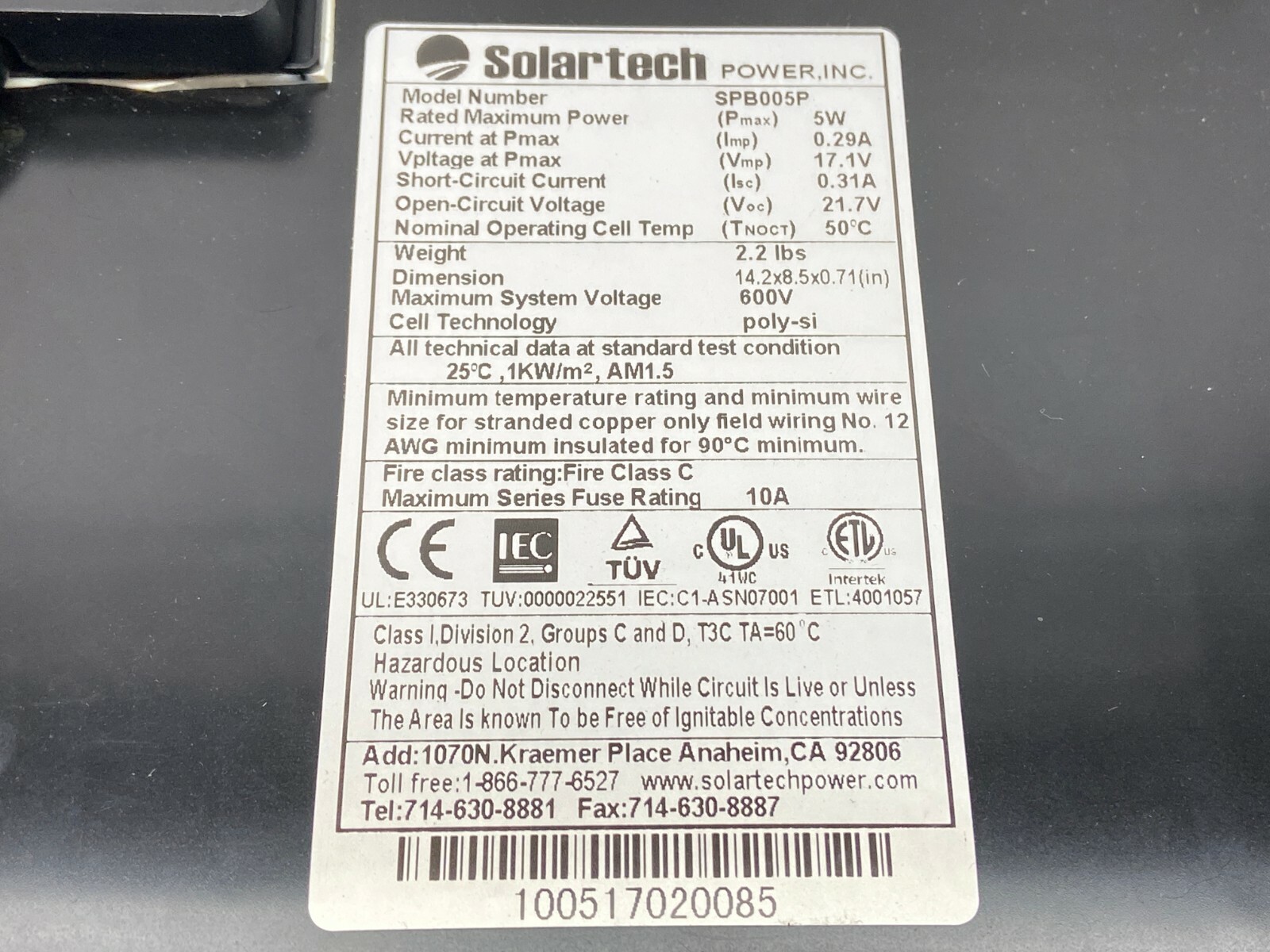 Solartech SPB005P 5W 0.29A 6V Solar Panel Poly si Cell 14.2×8.5×0.71″