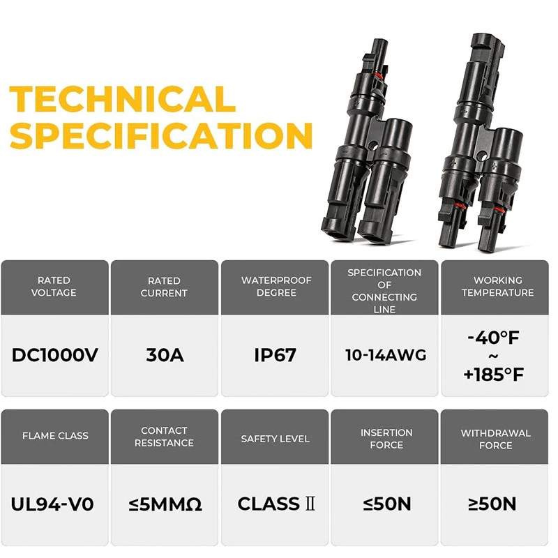 Branch PV Connector 2 In 1 Out T 30A IP67 Male Female For Combiner Box Panel Kit