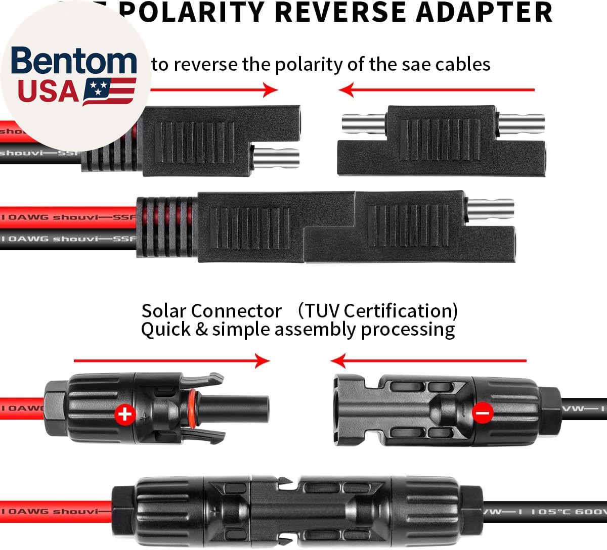Solar Panel Connectors to SAE Adapter Cable 20FT, 10AWG Solar Panel Extension Ca