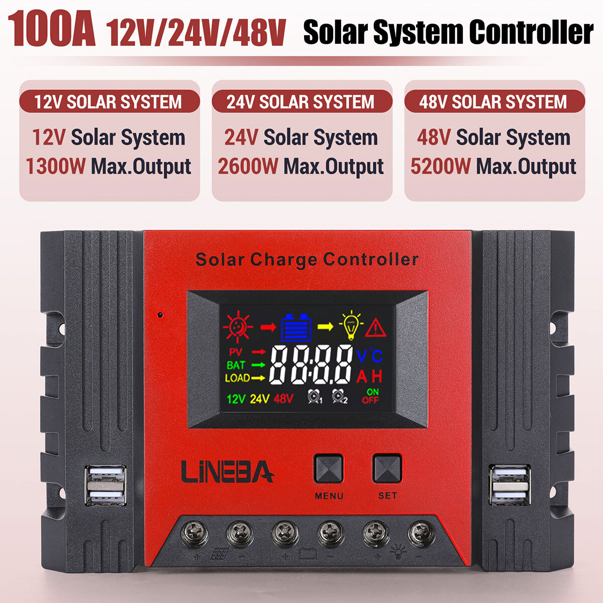 12V/24V/36V/48V 30-100A PWM Solar Charge Controller Panel Battery Regulator 4USB