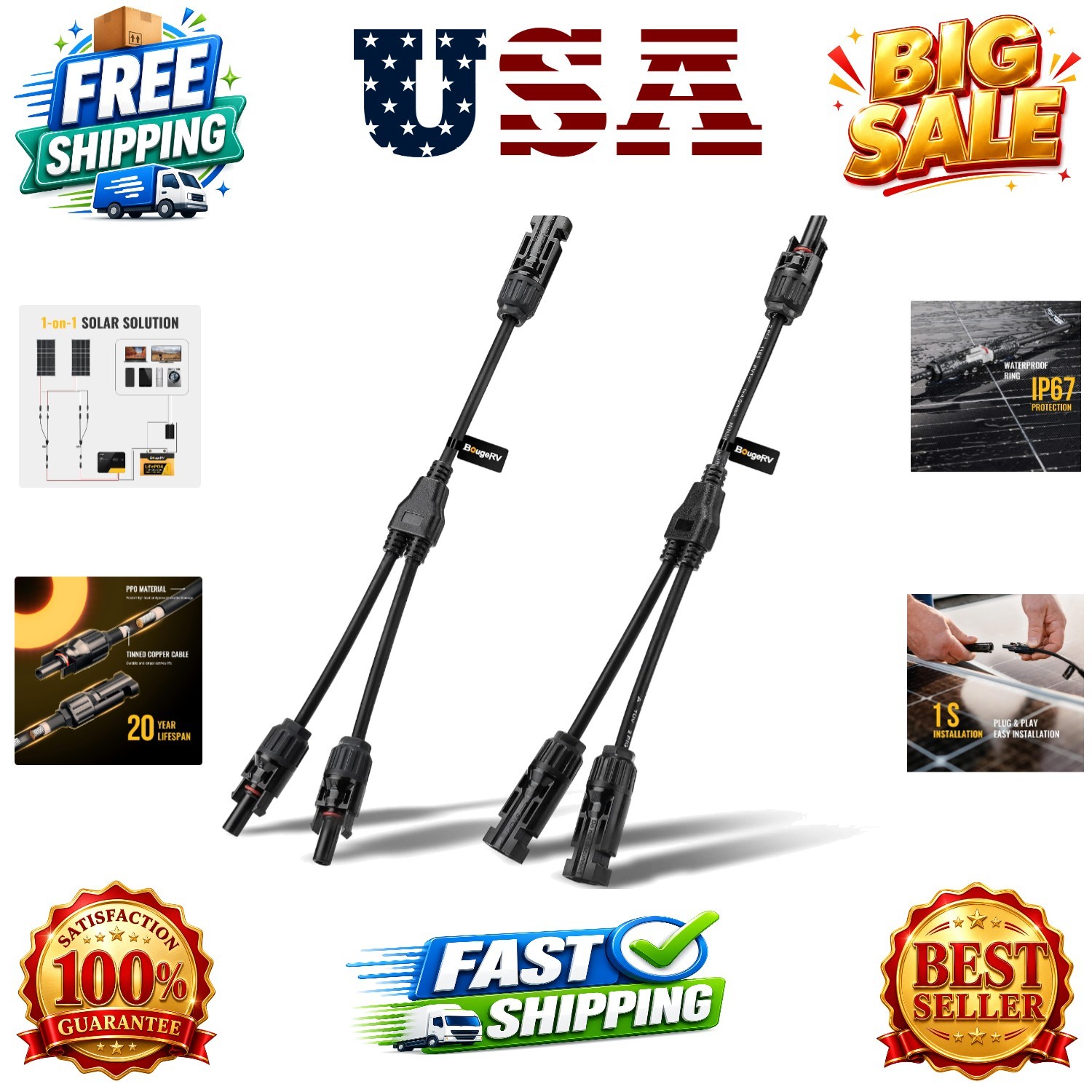 Solar Connectors Y Branch Parallel Adapter Cable Wire Plug Tool Kit for Solar…