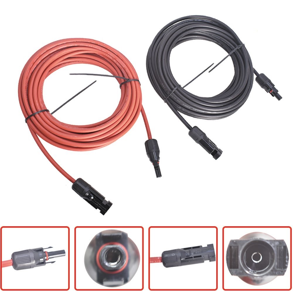 30 Feet 1 Pair 10AWG Solar Panel Extension Cable Wire Connector Black + Red