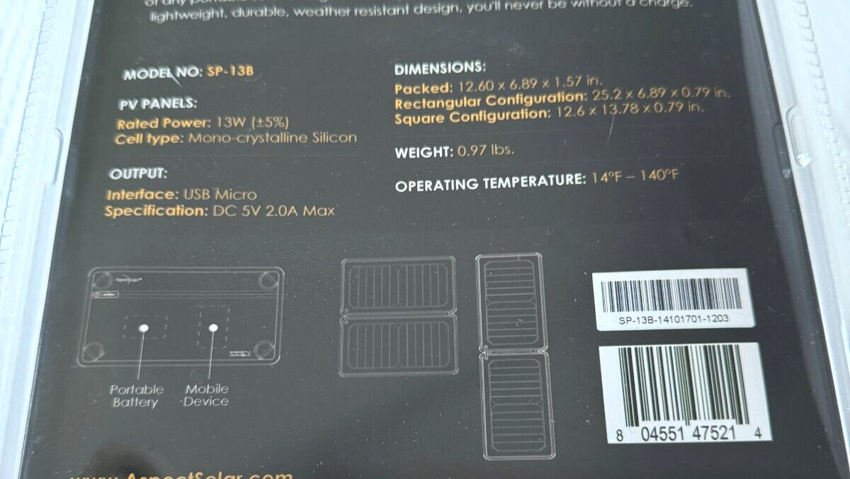 Aspect Solar’s DUO-Flex2 SP-138 Solar Charger + SB-30A Battery Pack BRAND NEW