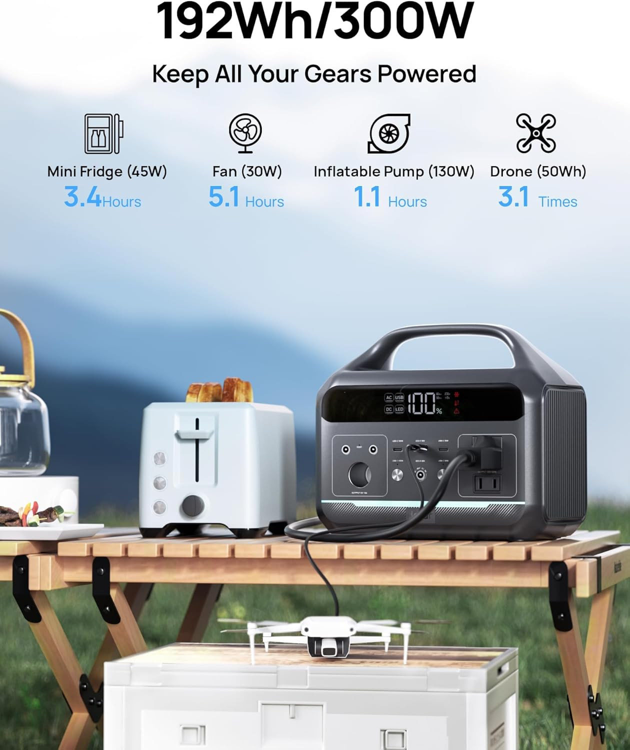 Portable Power Station 300W, 192Wh Large Power Bank with 110V AC Outlet, Lifepo4