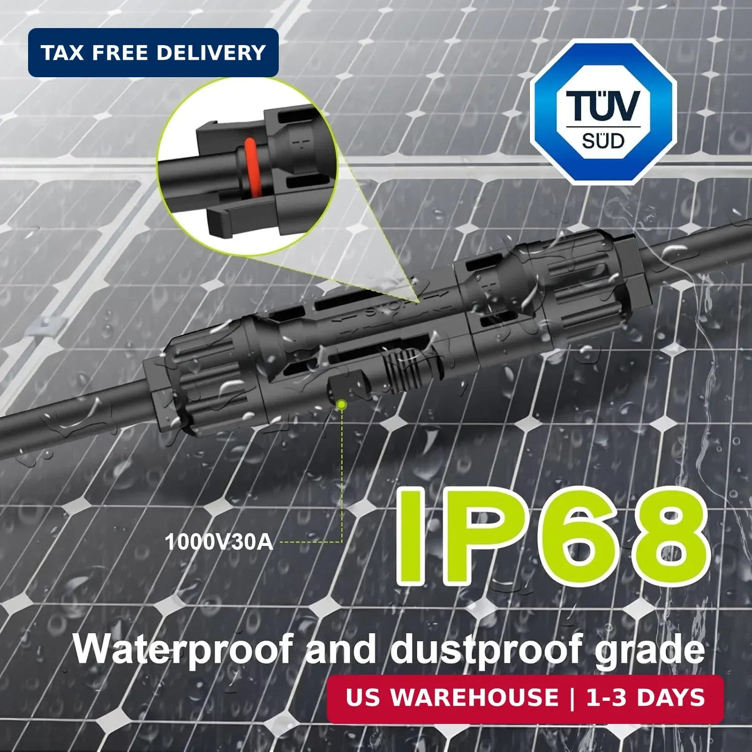 2 Pack Solar Connectors for 3 Solar Panels, Tool-Free Solar Panel Wires and Conn