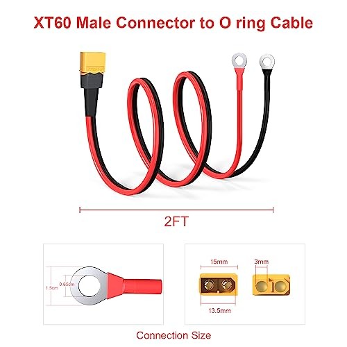 XT60 to O Ring Terminal Cable Connector Cable 2FT 12AWG XT60 Male to O Ring