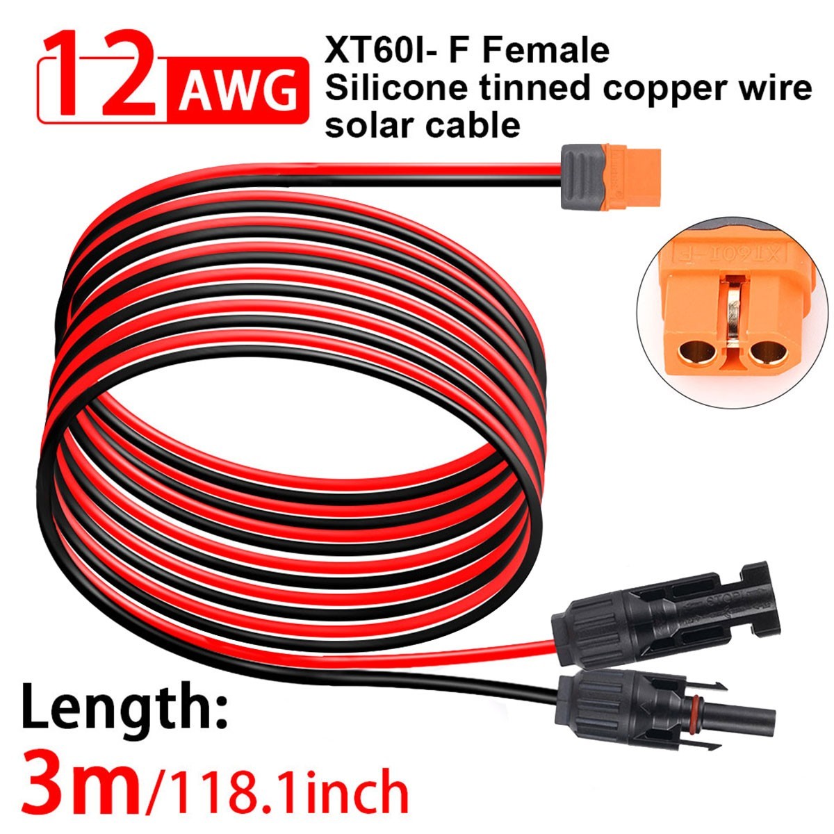 12 AWG XT60i Female to Solar Connector Solar Panel Extension Charging Cable 3M