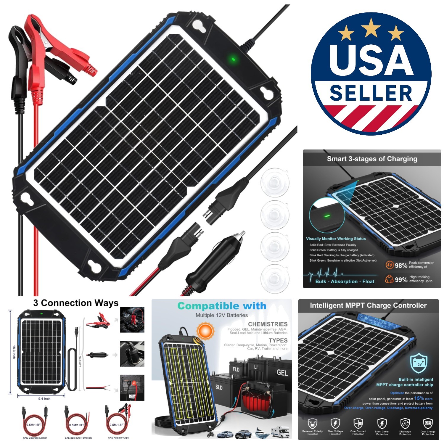 High Efficiency 12W 12V Solar Charger with Safety Protections for All Batteries