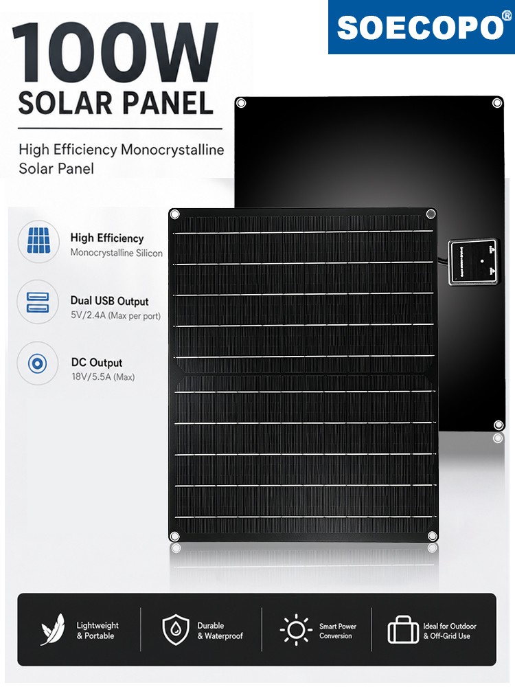 100W Portable Flexible Monocrystalline Solar Panel USB DC Outdoor RV Camping Use