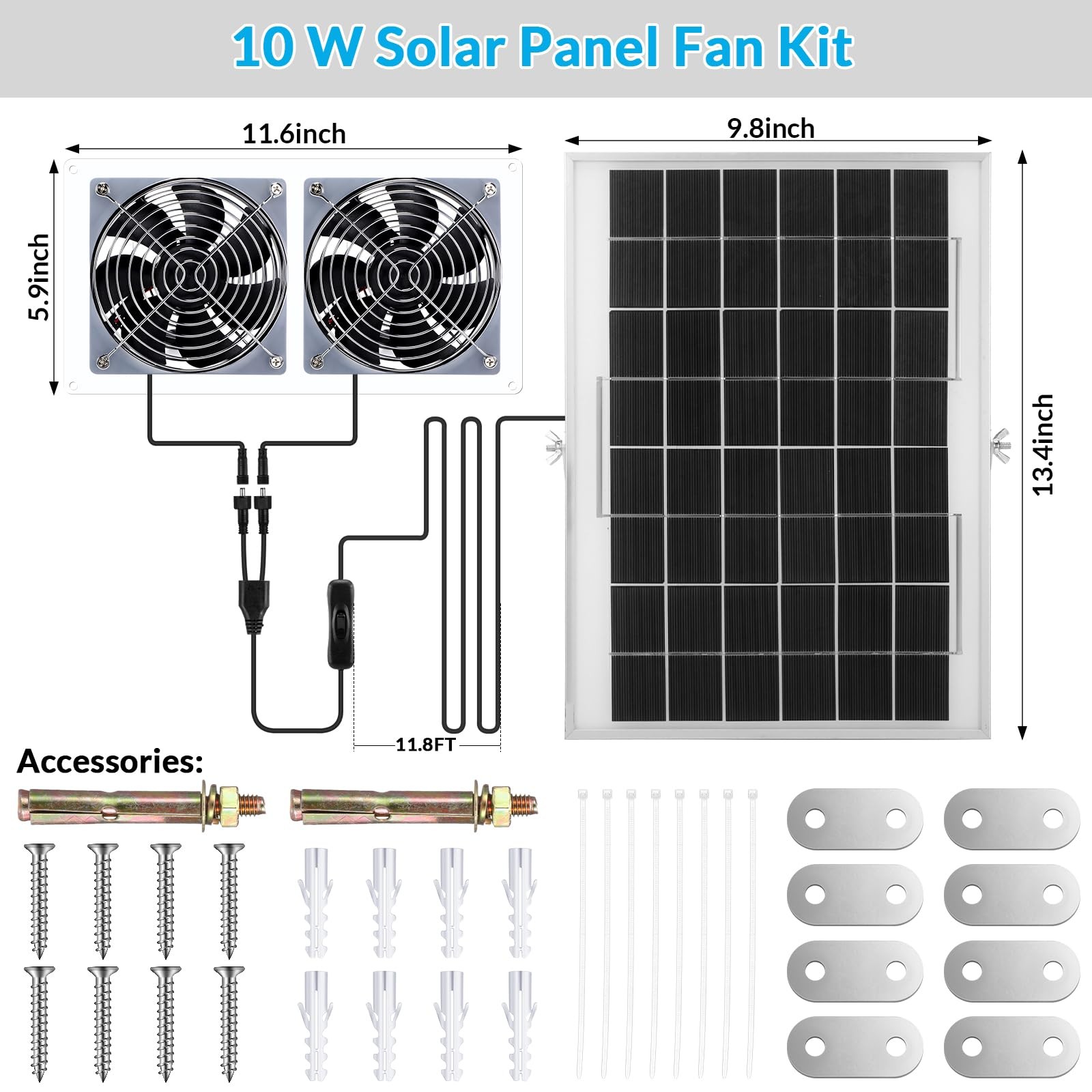 Glooglitter 2 Set Solar Fan for Greenhouse, 10 W Solar Panel Fan Kit with Bra…