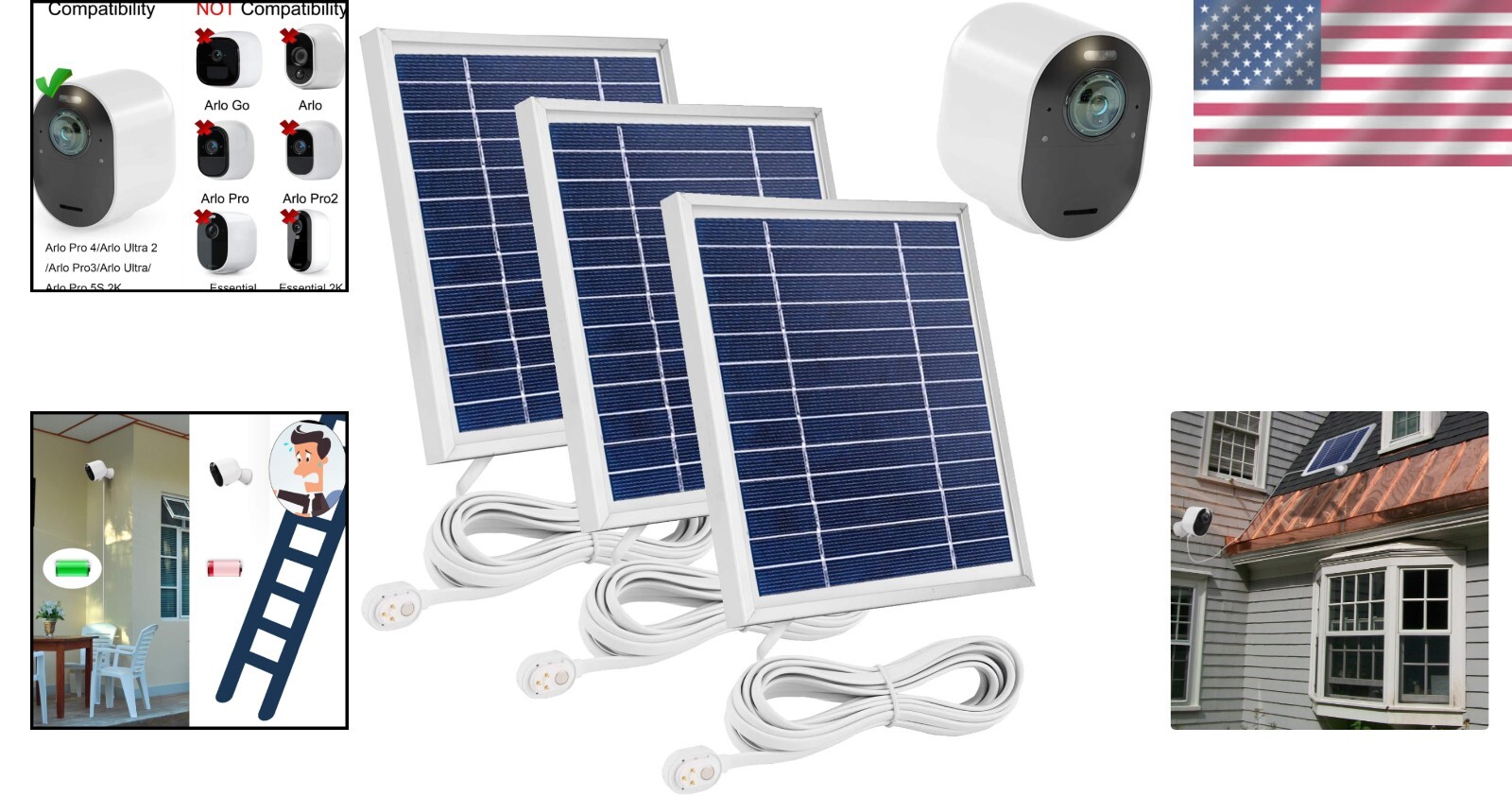 Monocrystalline Solar Charger 3-Pack Compatible with Arlo Pro & Ultra Models