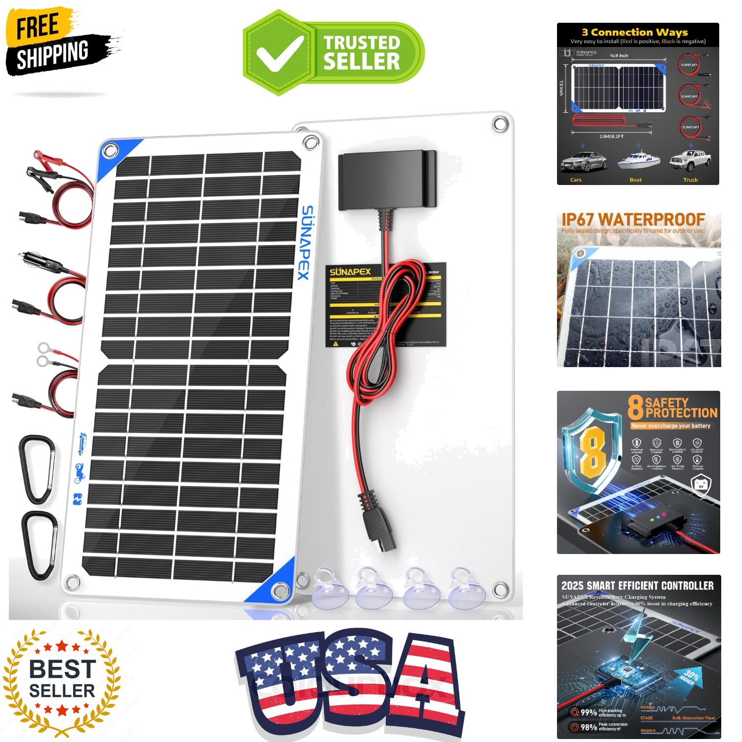 12V 10 Watt Solar Trickle Charger Maintainer – Waterproof Solar Powered Batte…