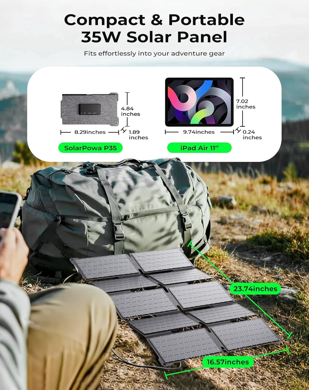Portable 35W Solar Panel Charger with Fast Charging USB-A and PD 25W USB-C for C
