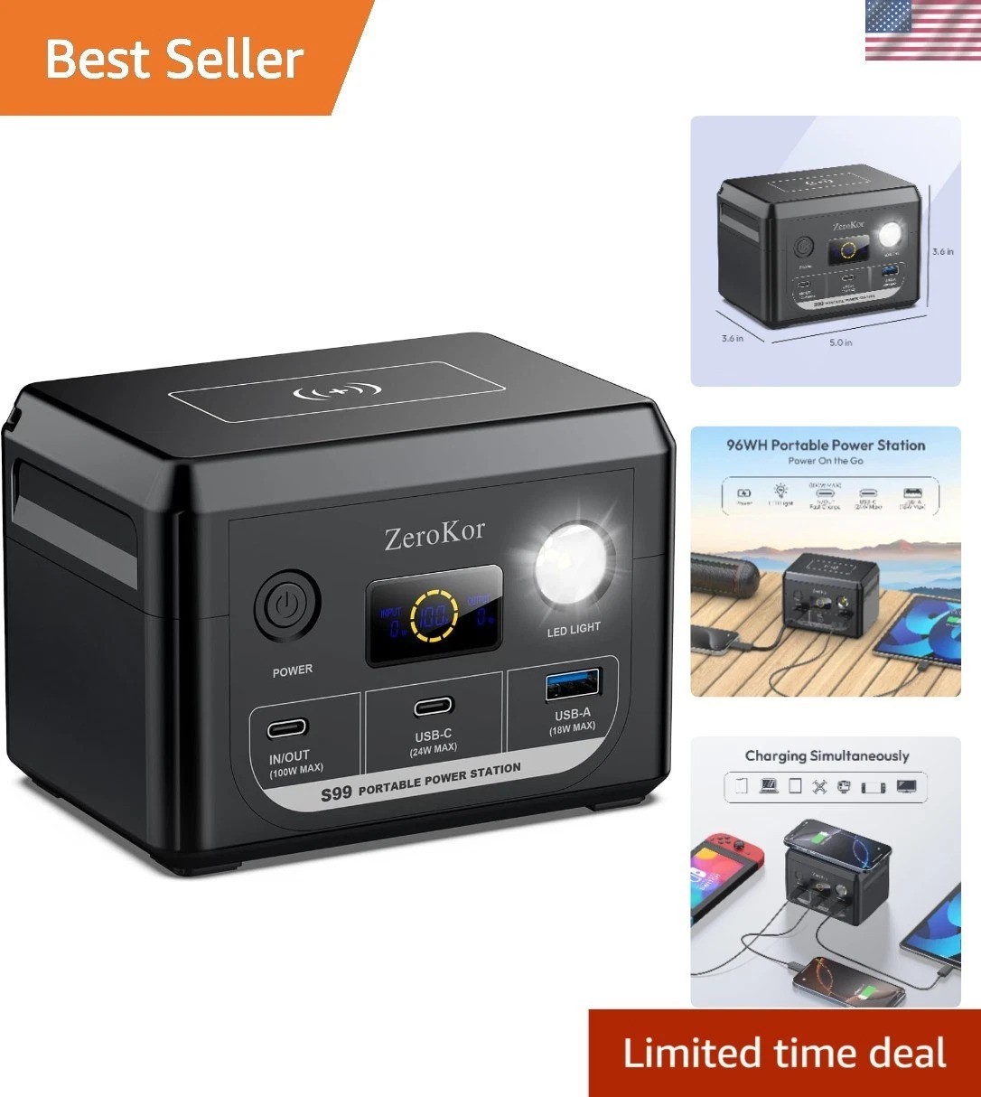 100W Portable Power Station – 30,000mAh Solar Generator with USB-C Fast Charging