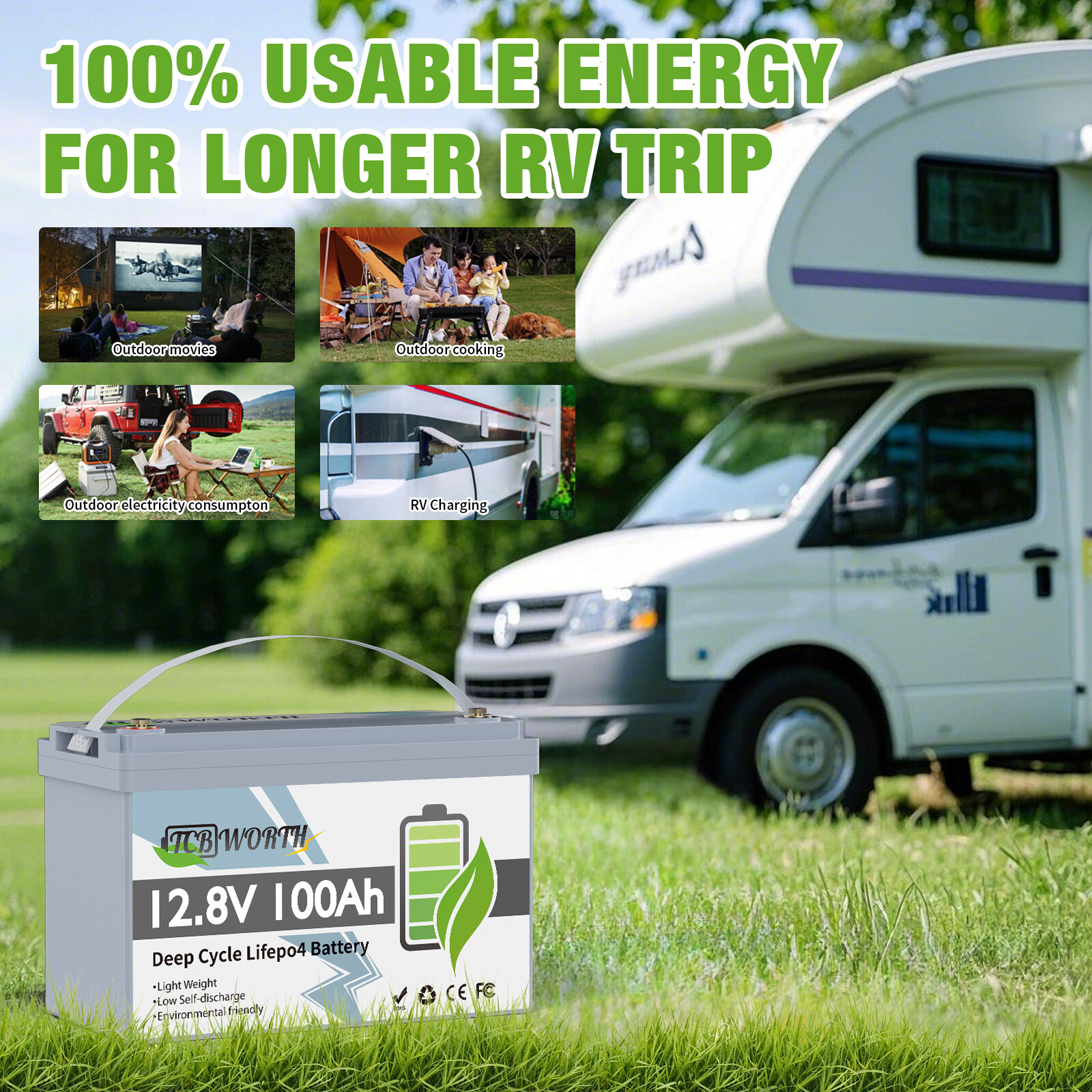 12V 100Ah LiFePO4 Lithium Battery BMS for Solar RV Off-grid Trolling Motor Boat