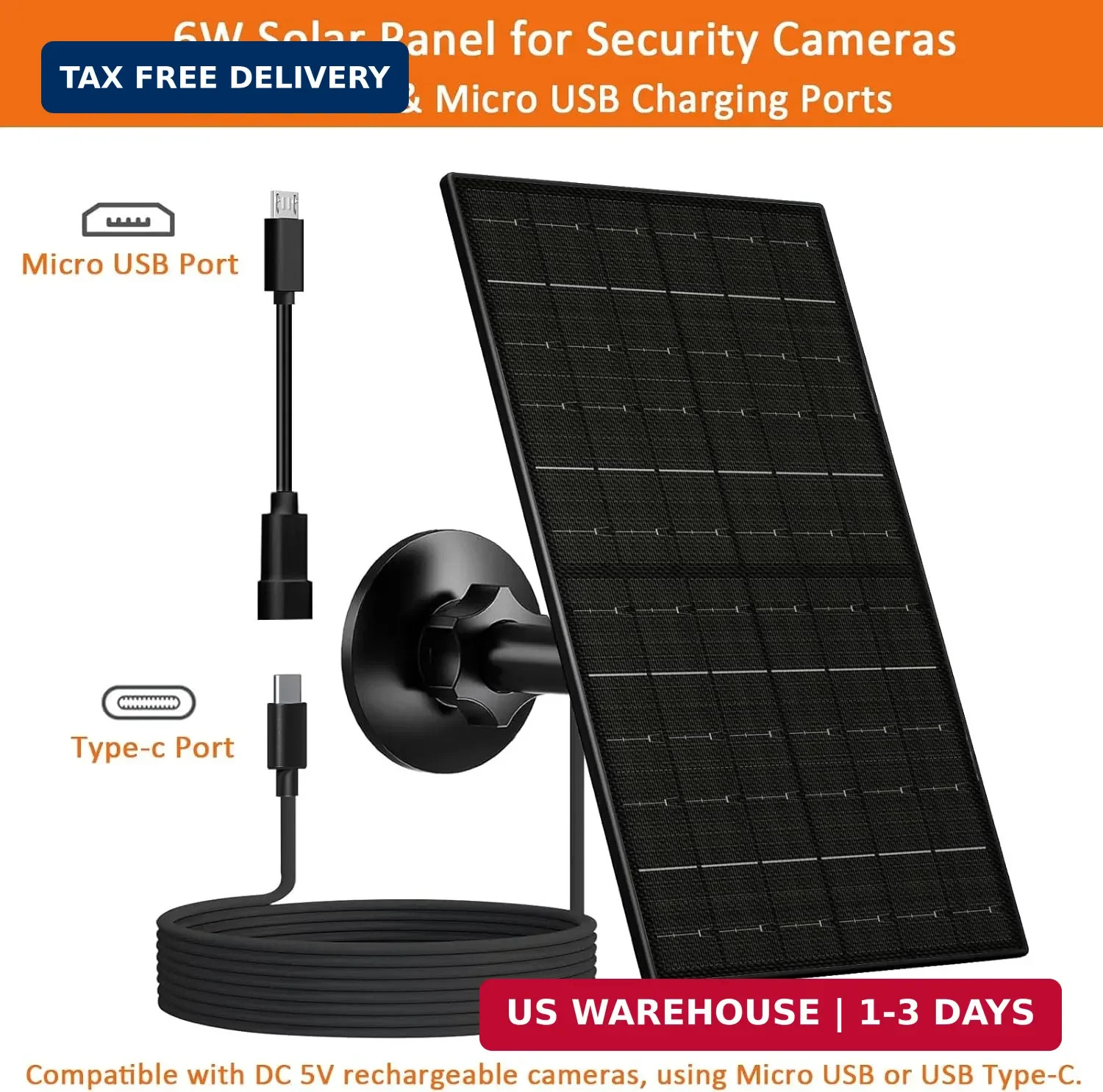 FUTUREZEN 6W Solar Panel for Security Camera Outdoor, 5V USB/USB-C Solar Charger