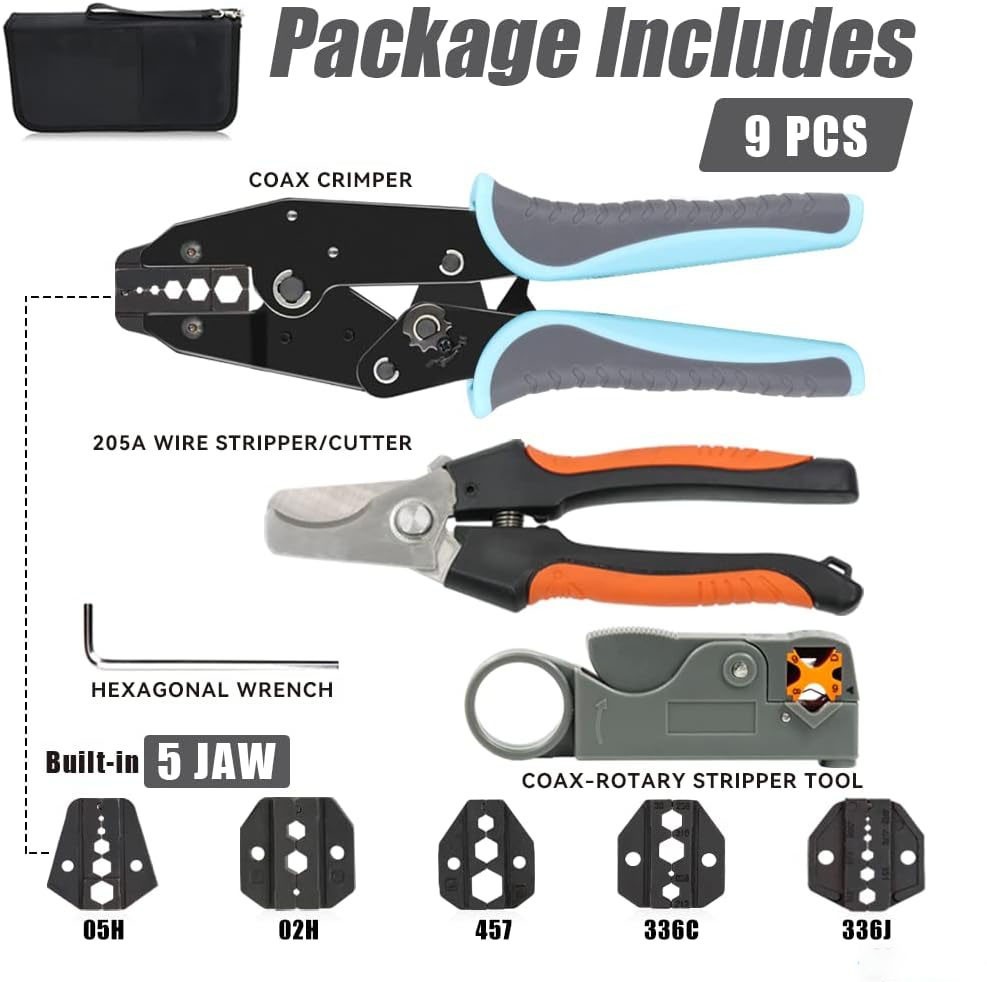 Kit de crimpado de trinquete para cables coaxiales RG y conectores RF con 5 mord