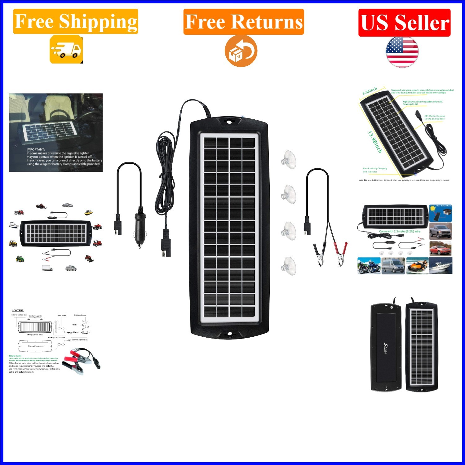 5W Solar Car Battery Trickle Charger & Maintainer Waterproof for 12V Batteries