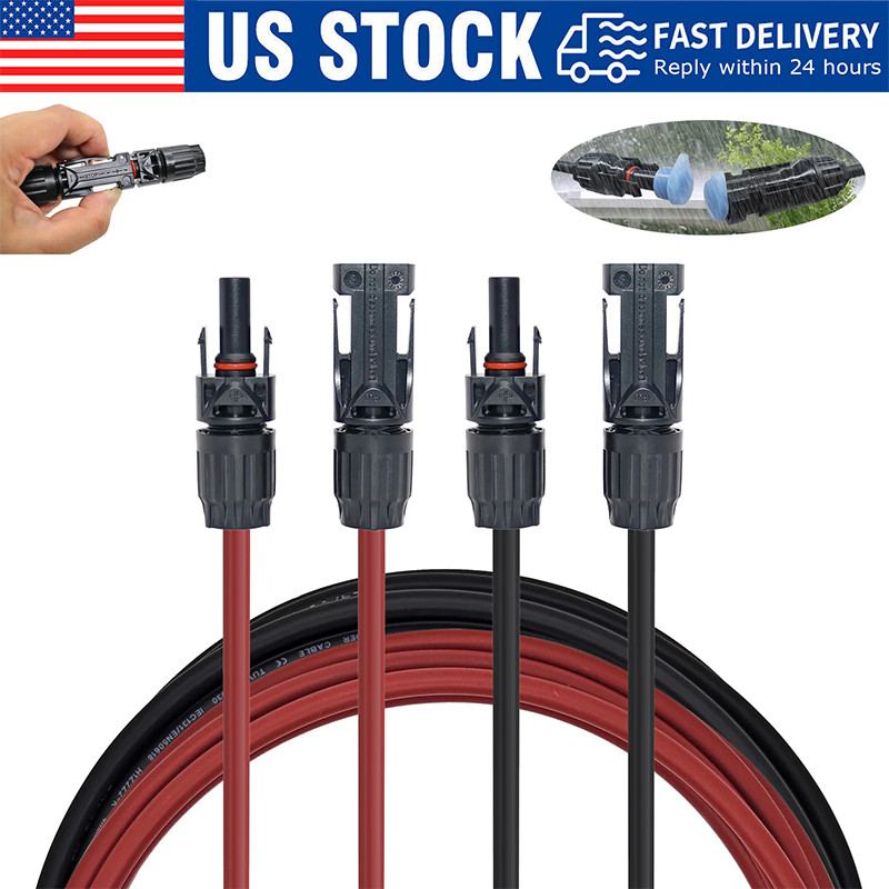 Black+Red 10 AWG Solar Panel Extension Cable Silicone Flexible Wire Connectors