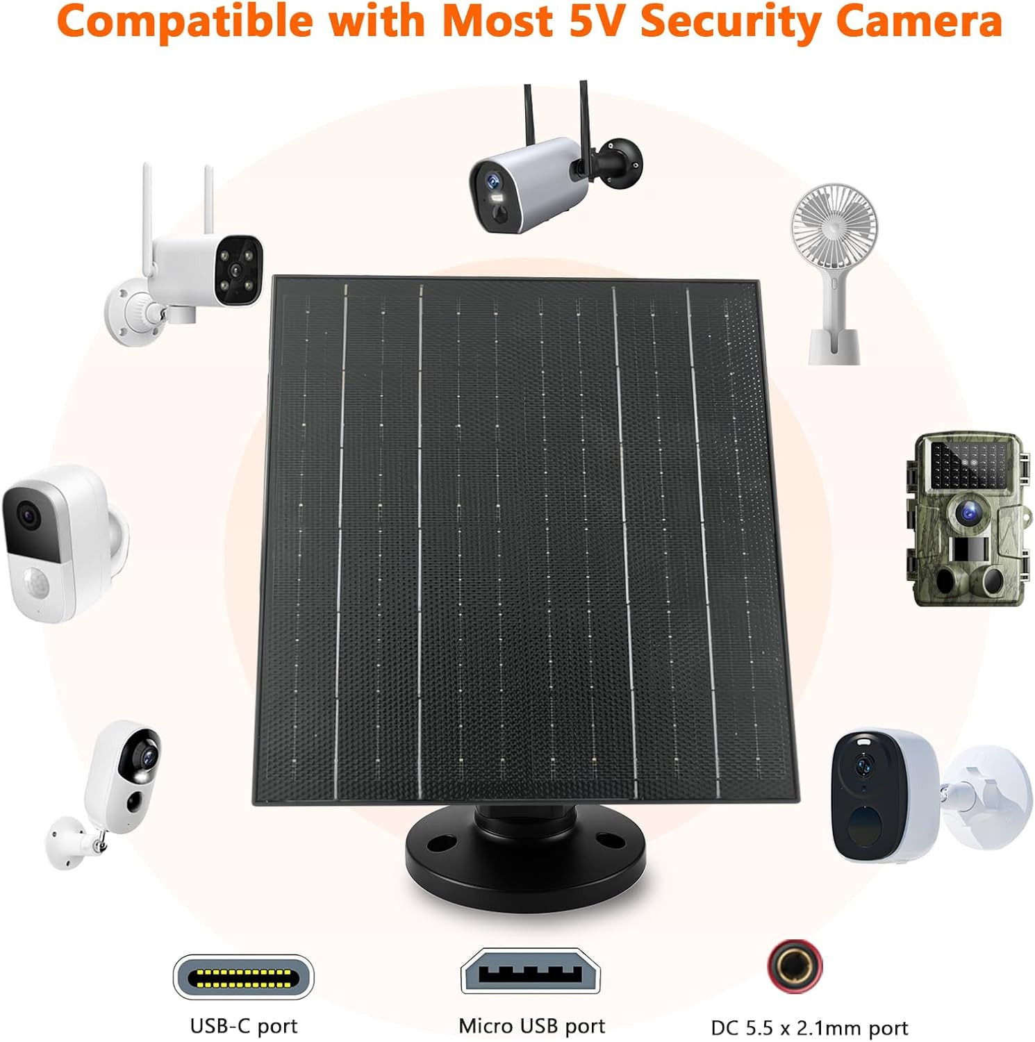 10W Solar Charger, 5V Solar Panel for Security Cameras with Usb-C/Micro USB/DC 5