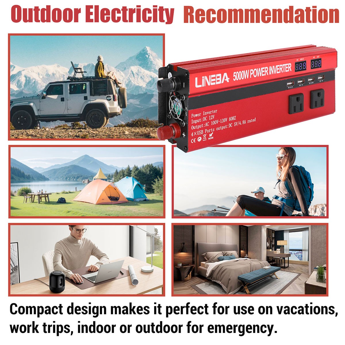 5000W Solar Power Kit DC 12V to AC 110V Inverter 100W Solar panel Home Outside