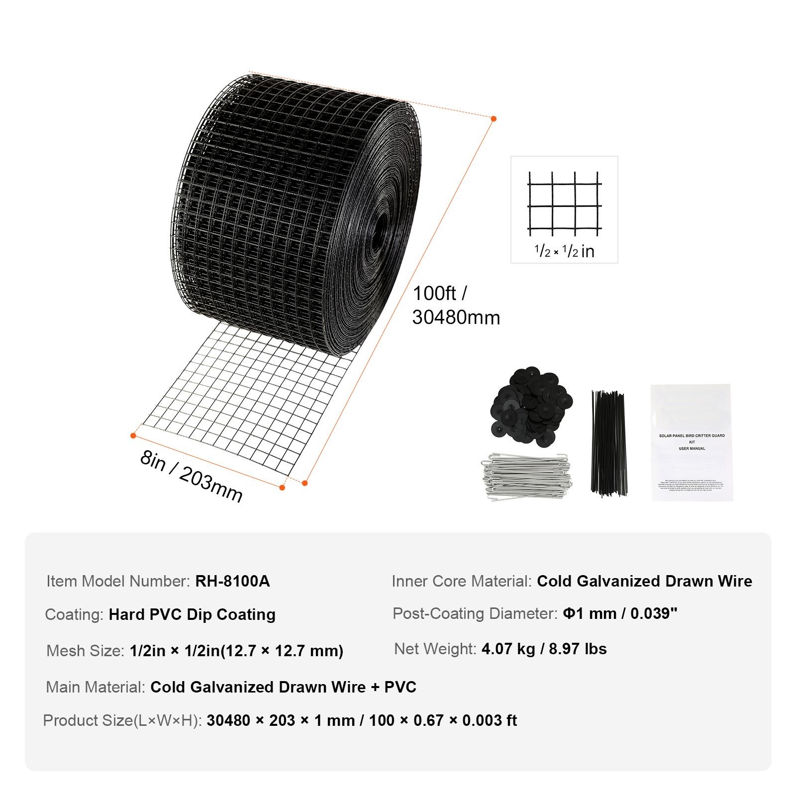 Solar Panel Critter Guard Roll 8″x100ft, Rust-Proof PVC-Coated Steel Mesh