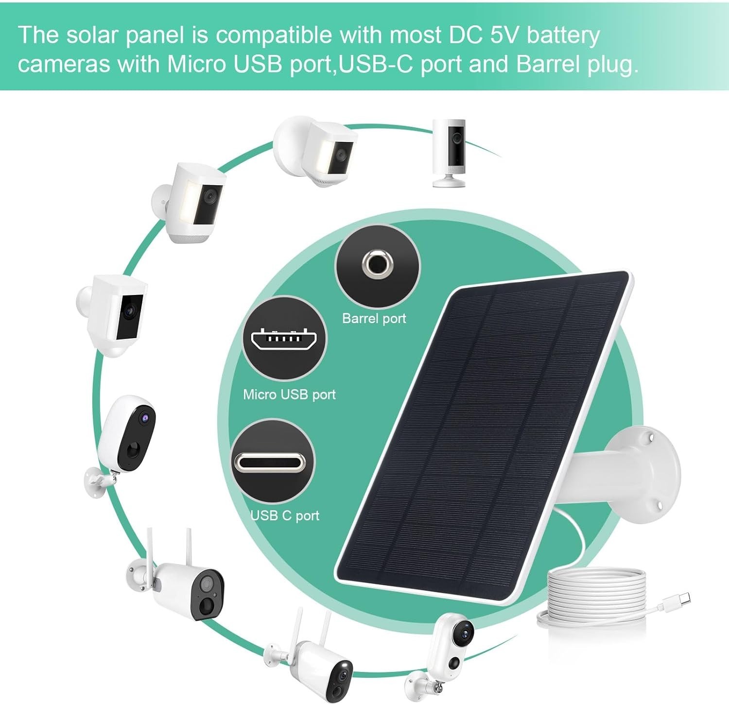 USB Solar Panel for Ring Camera – Type-C Solar Panel Charger 5V 6W with 10Ft Wat
