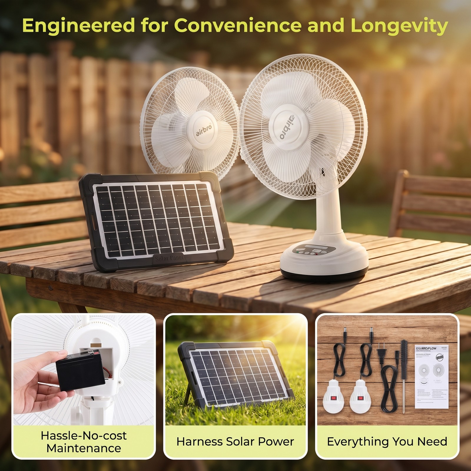 12″ Rechargeable Desk Fan With Solar Panel+2PCS LED Bulbs 2 Speed Camping Travel
