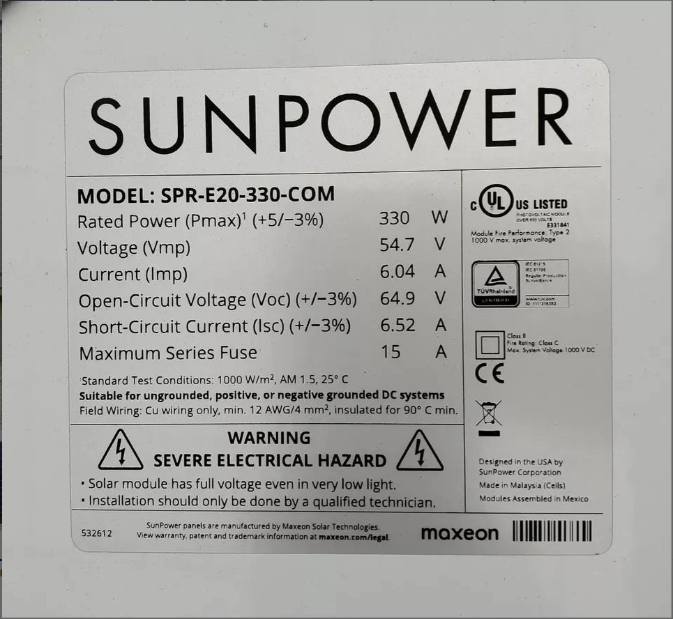 20pc Pallet SPR-E20-330-COM Sunpower 330 Watt Maxeon Cells
