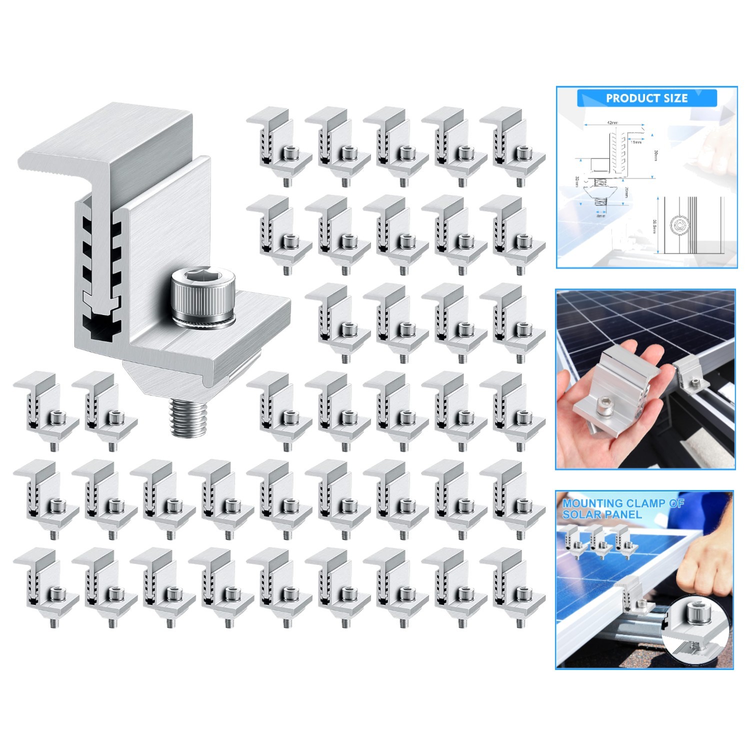 40-Piece Adjustable End Clamps – Silver Aluminum Solar Panel Brackets
