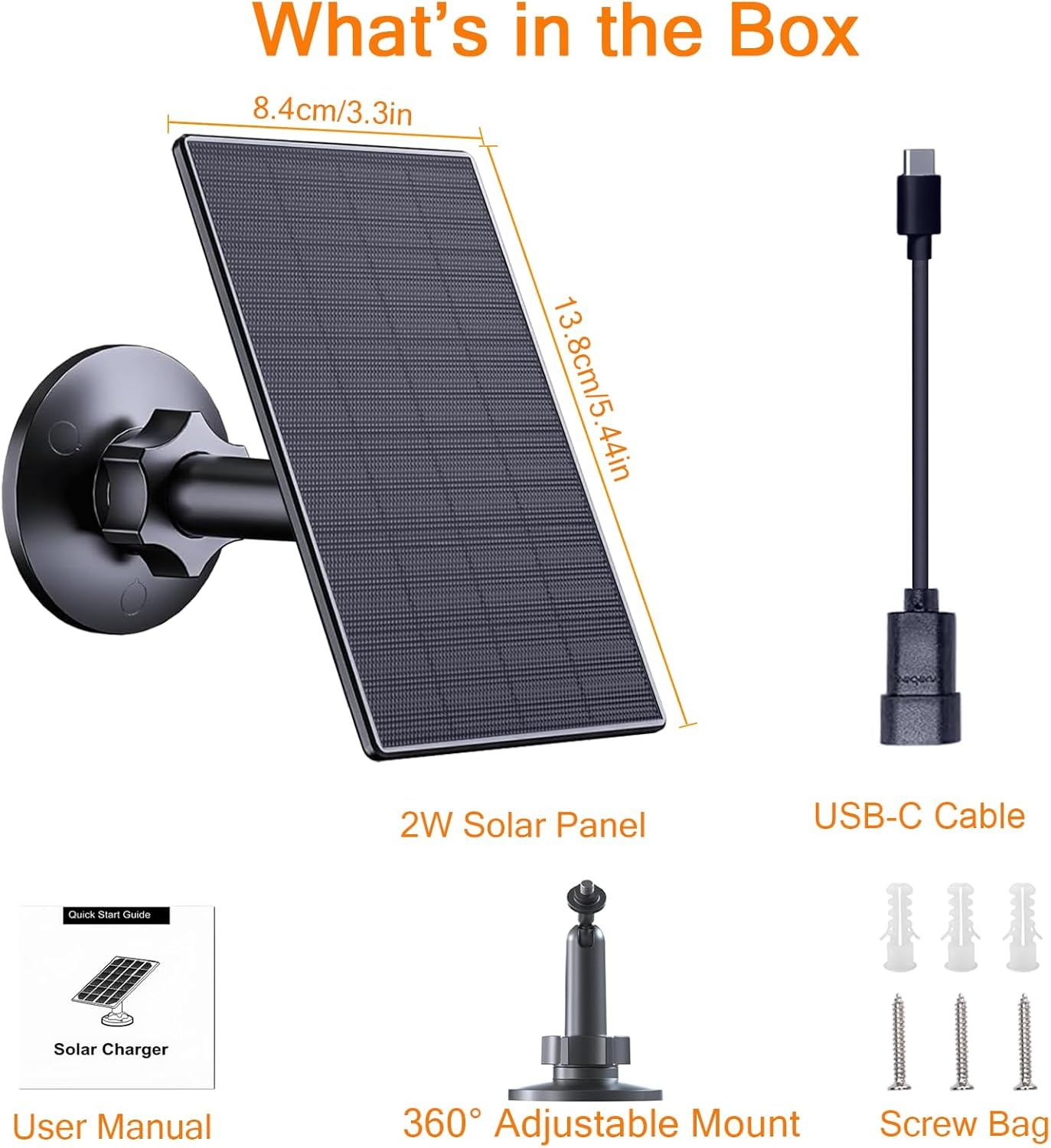 2W Solar Panel for Security Cameras, Solar Charger with Micro USB & USB-C Port f