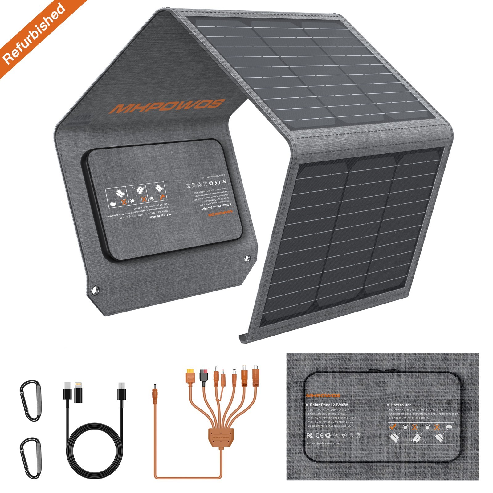 40W Portable Solar Panel Camping USB Type C 3-Ports Solar Charger Foldable