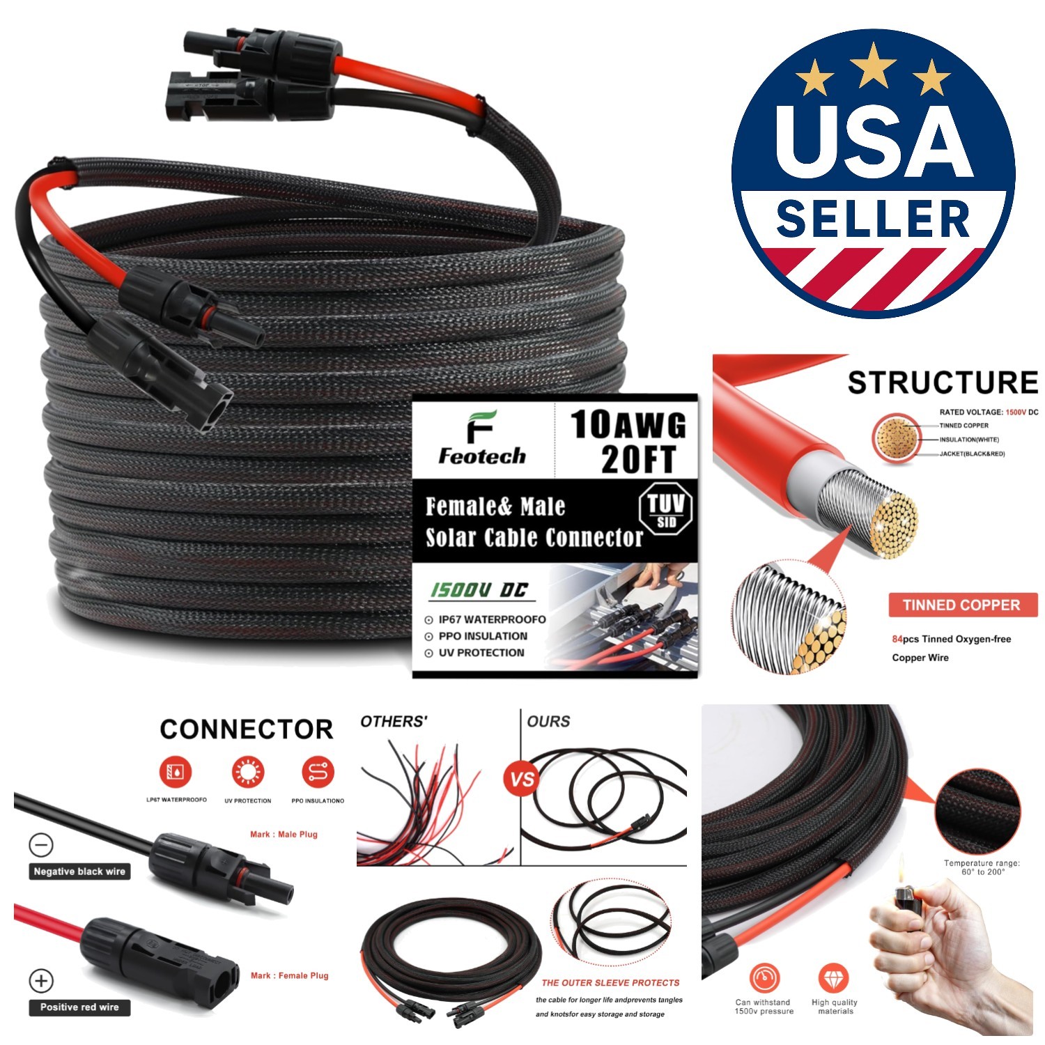 Durable 20FT Solar Connector Cable – 10AWG Gauge, UV Resistant & Certified