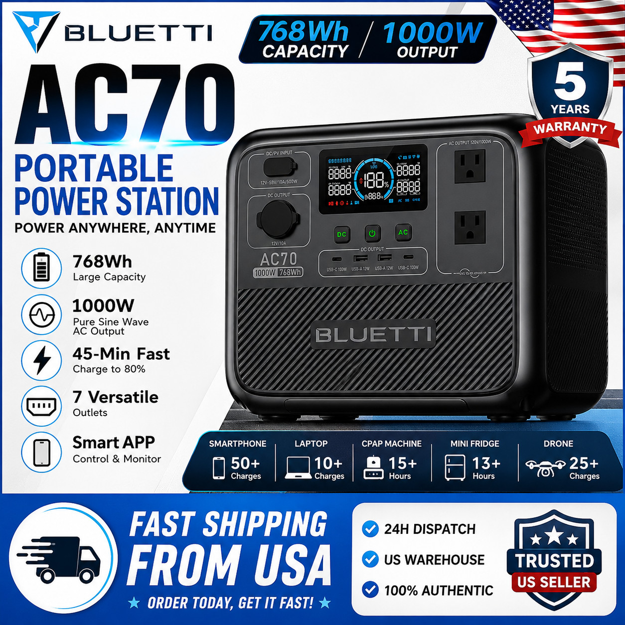 BLUETTI AC70 Solar Generator 768Wh Portable Power Station Fast USA Shipping