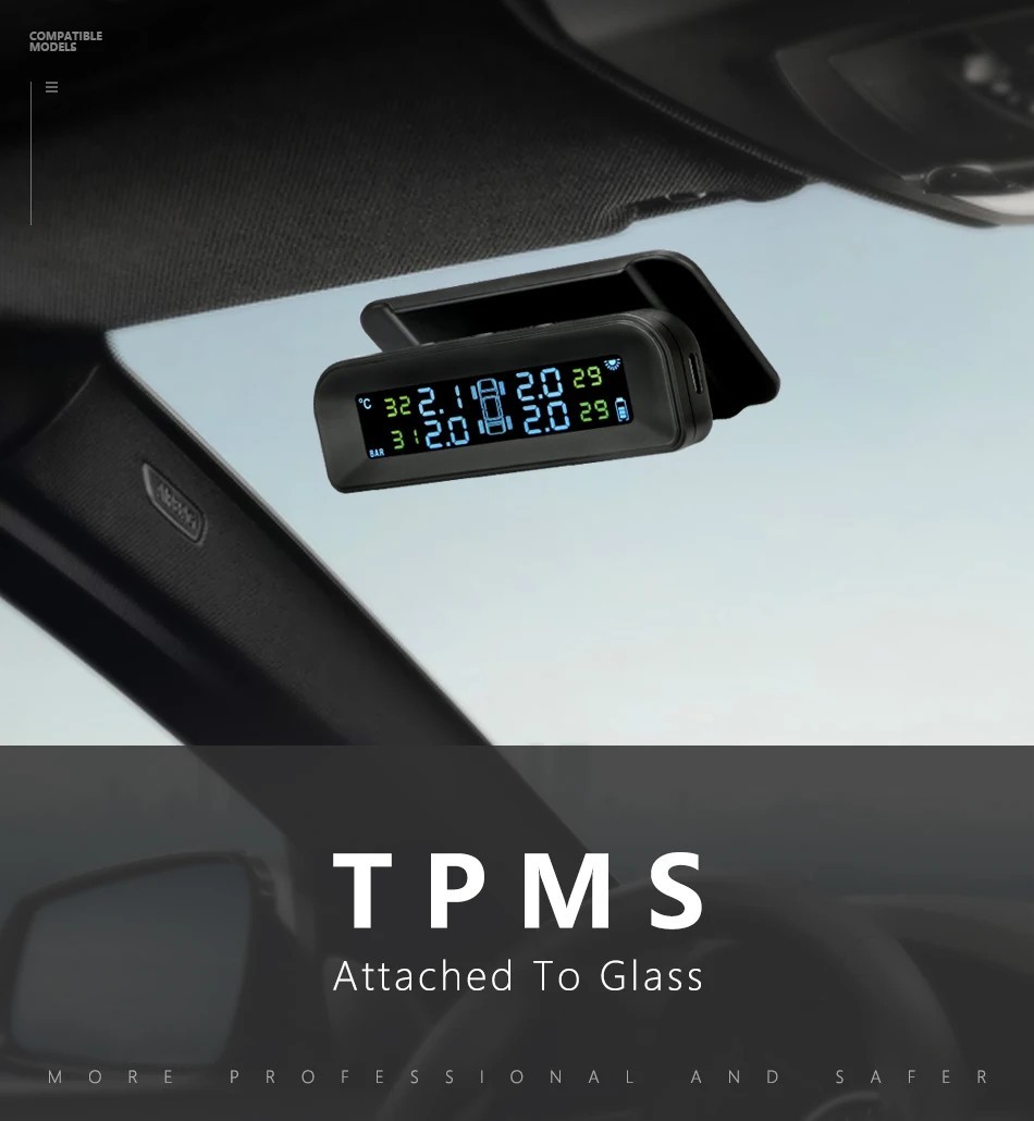 TPMS Tire Pressure Monitoring System Solar LCD Display Temp Safety Alarm.