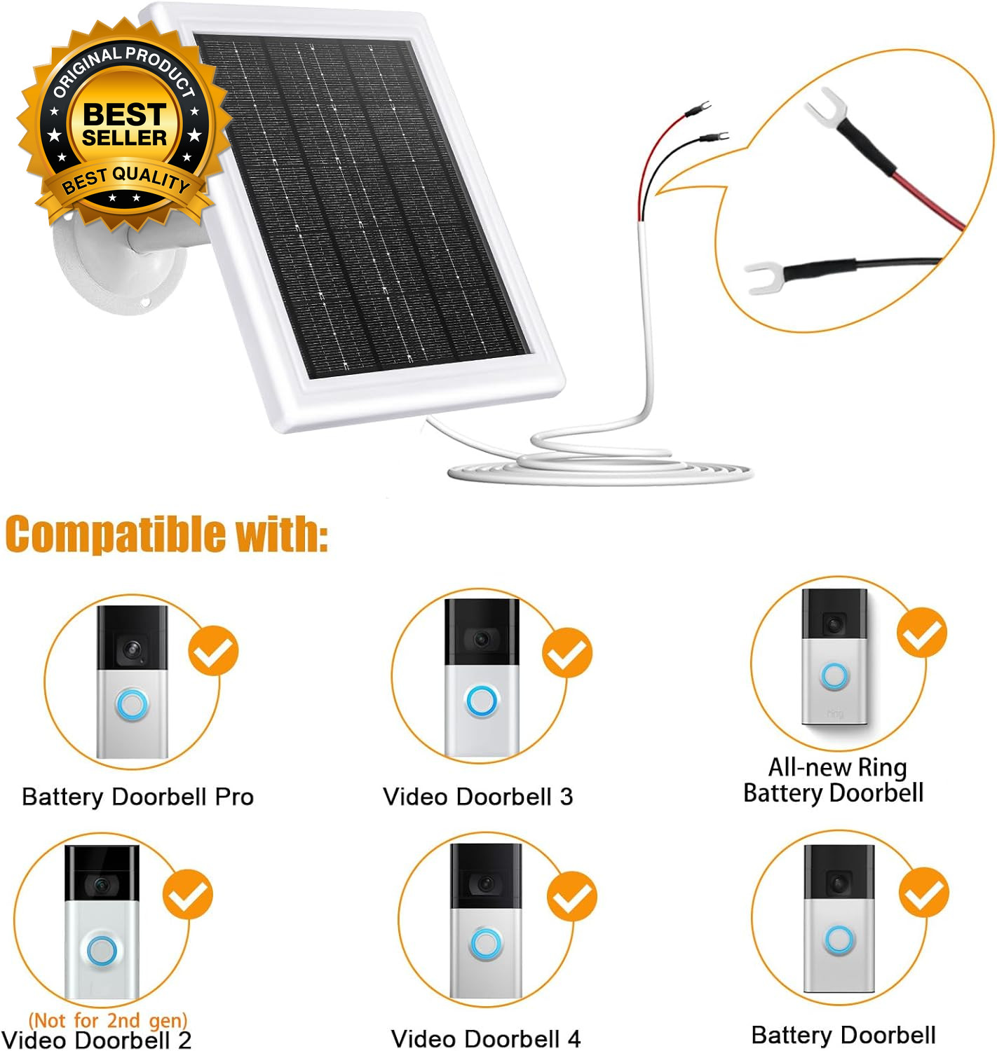 Ring Solar Charger 5W 12VAC Compatible with Ring Video Doorbell 3/3+/4 Battery