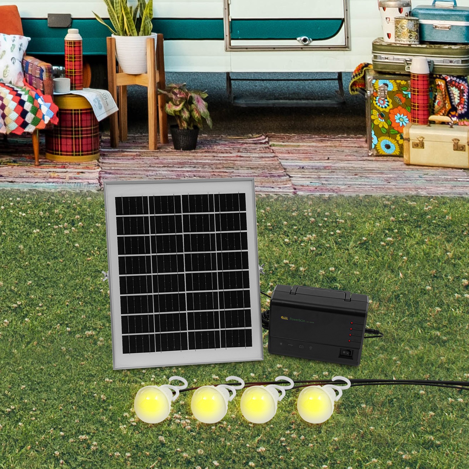 Solar Panel Power Generator Kit Battery Pack Power Station w/ 4 Bulbs Portable