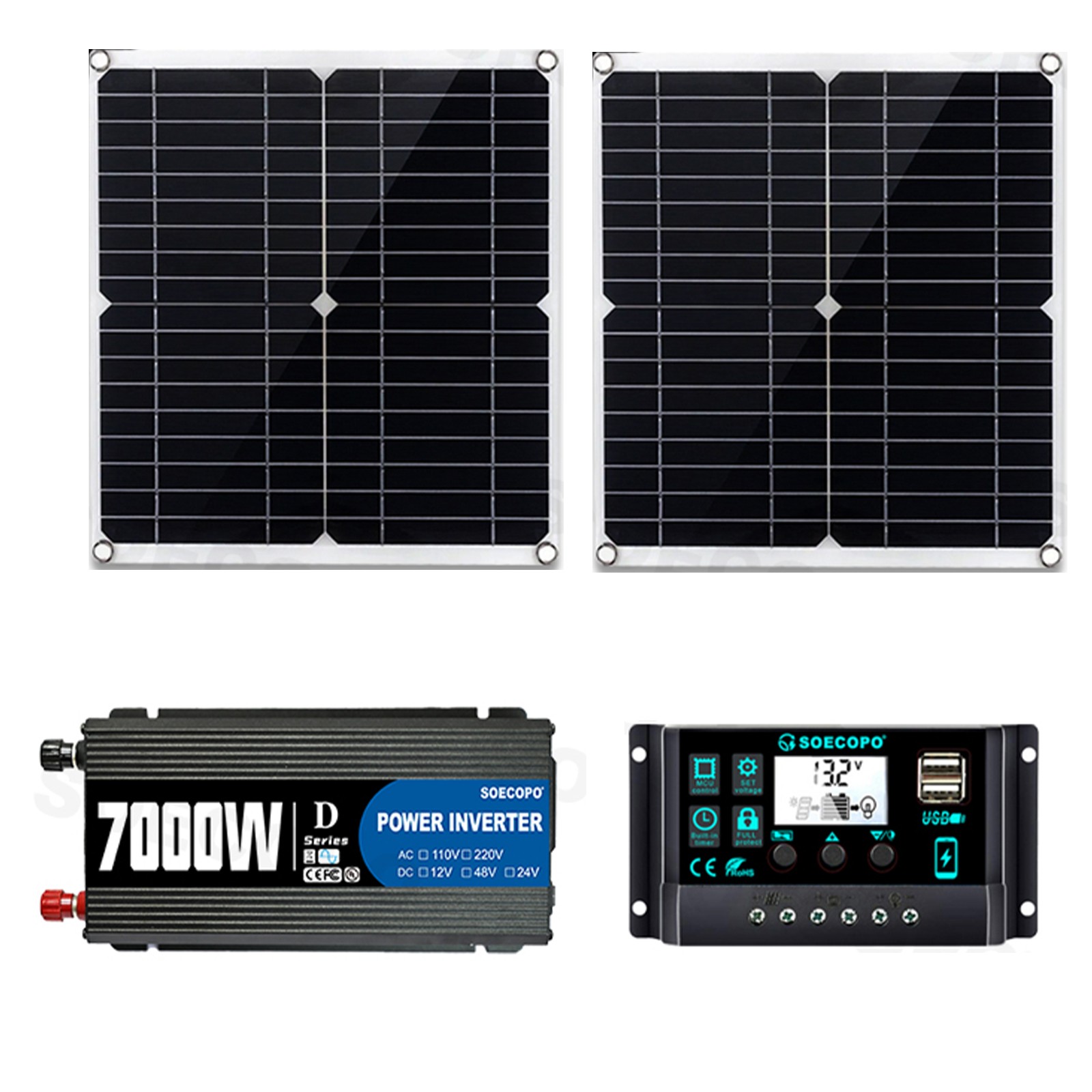 Complete 7000W Off-Grid Solar Kit 7000W Inverter 2pc 300W Solar Panels 110V/220V