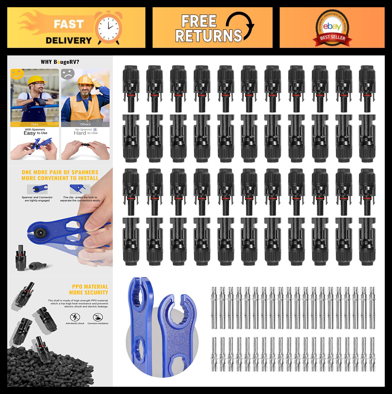 44PCS Solar Panel Connectors Set – Waterproof IP67, 22 Pairs Male/Female, 10AWG