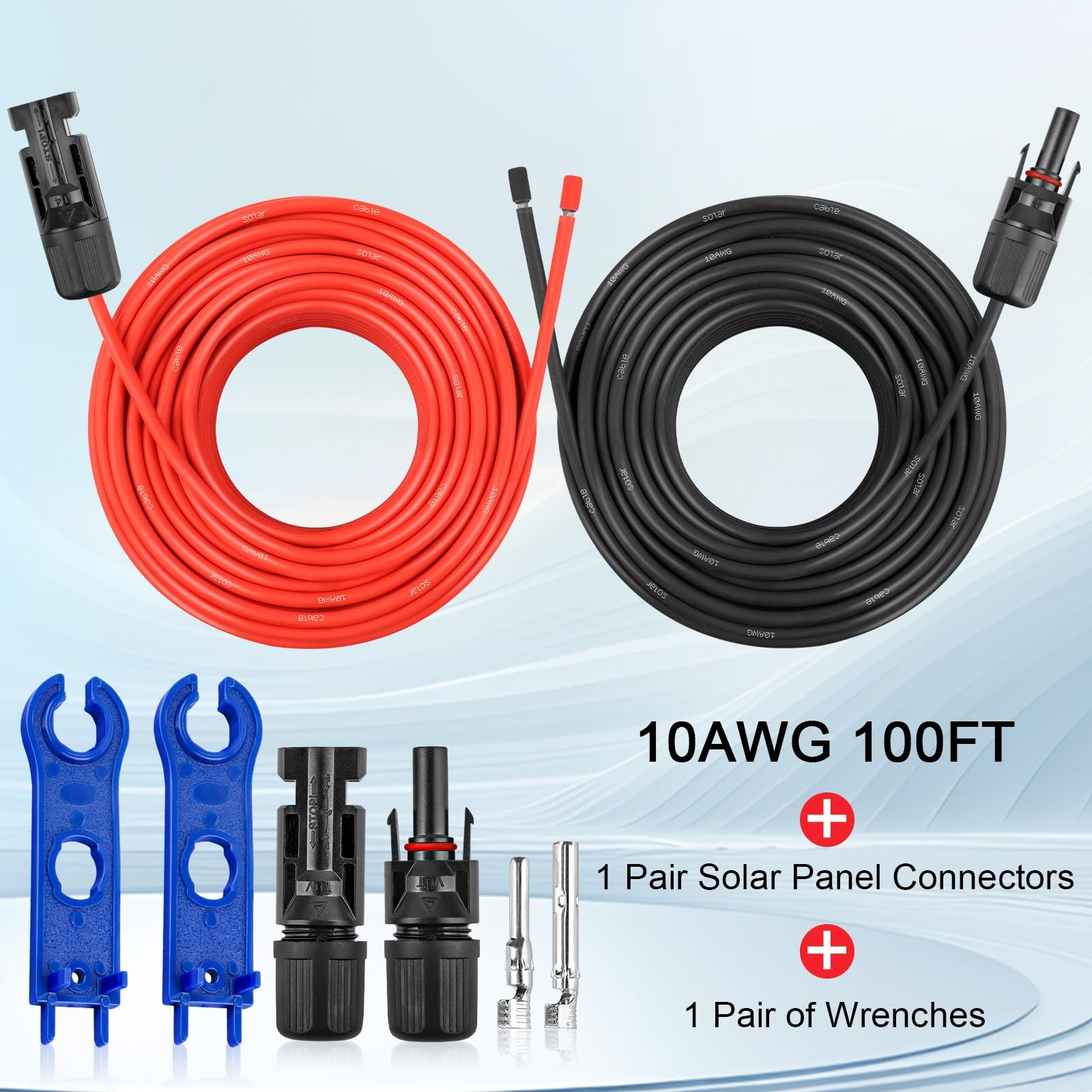 PV Extension Cable 10AWG 100Ft Red 100Ft Black Waterproof