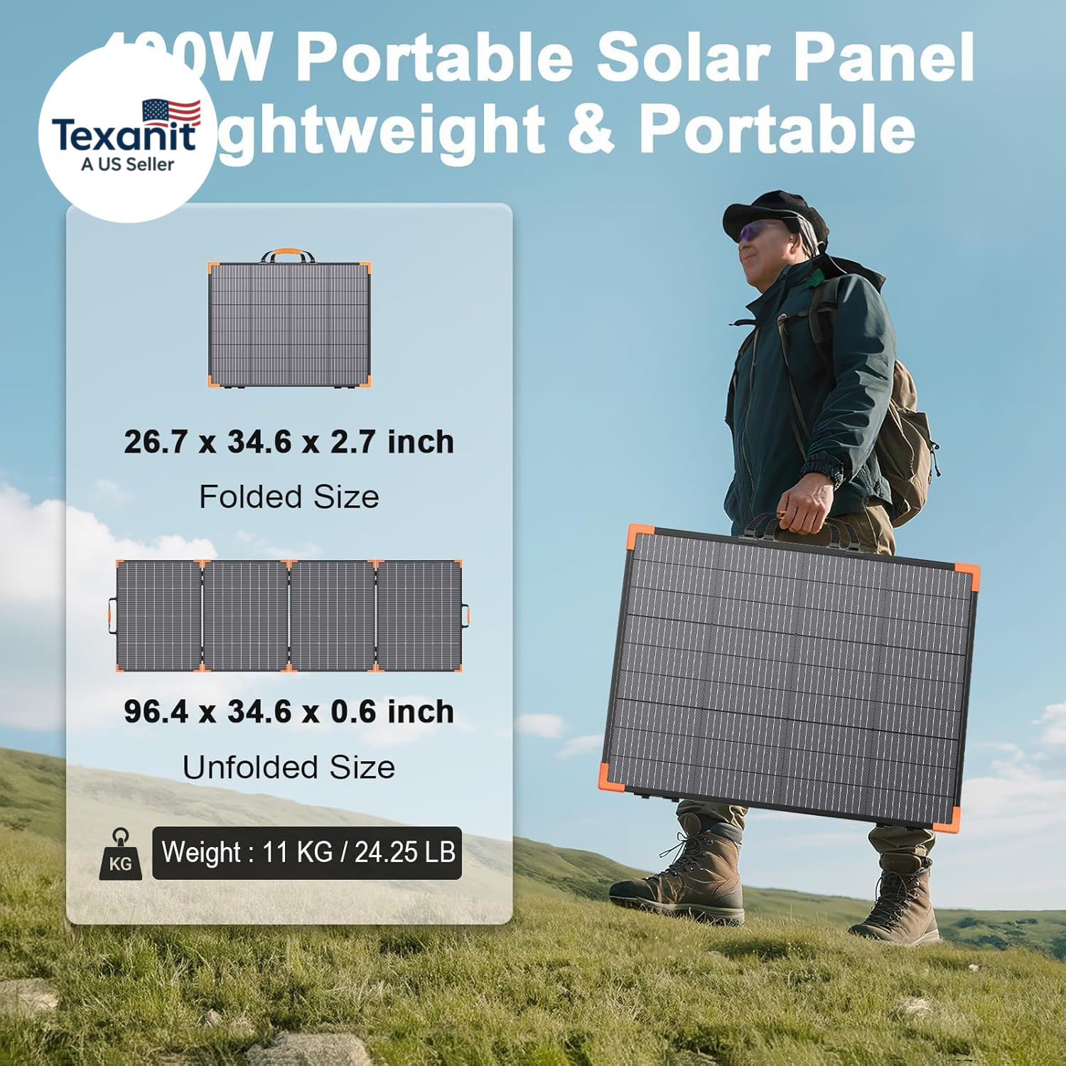 400W Bifacial Portable Solar Panel, 33V Lightweight Foldable Solar Charger for P