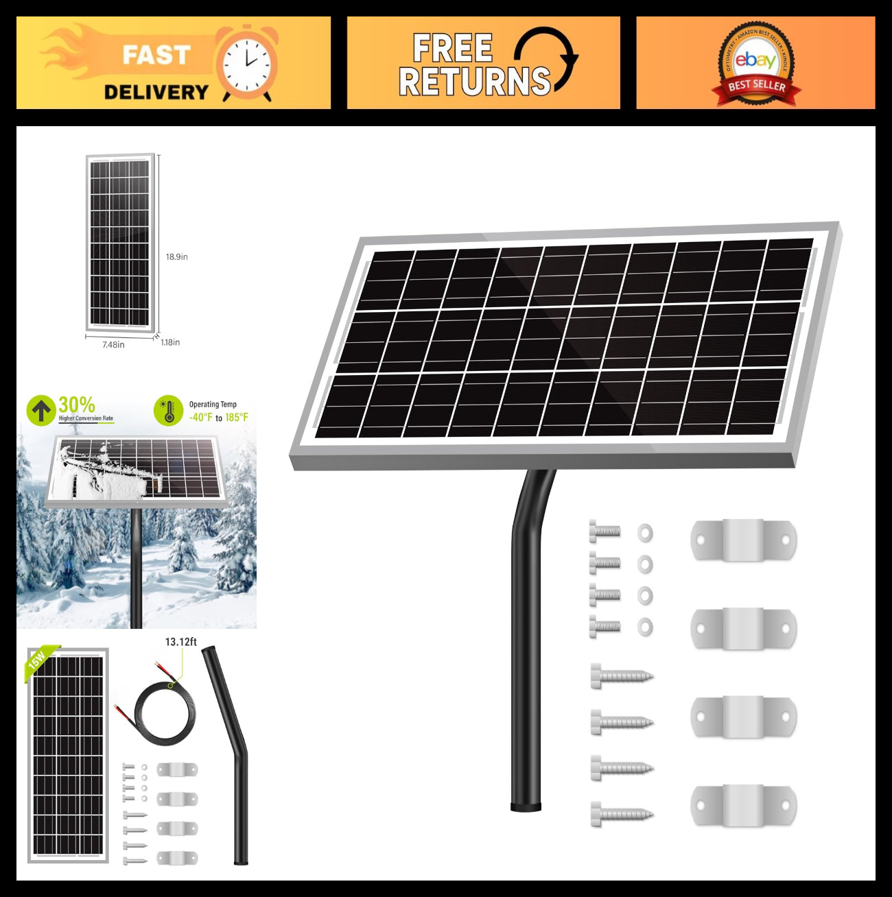 15W 12V Solar Panel for Automatic Gate Openers, Charger Kit & Mounting Bracket