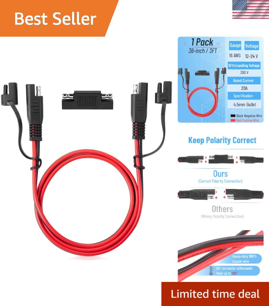 Bates 3FT SAE Extension Cable, 16 AWG, Quick Connect for Solar & Battery Use