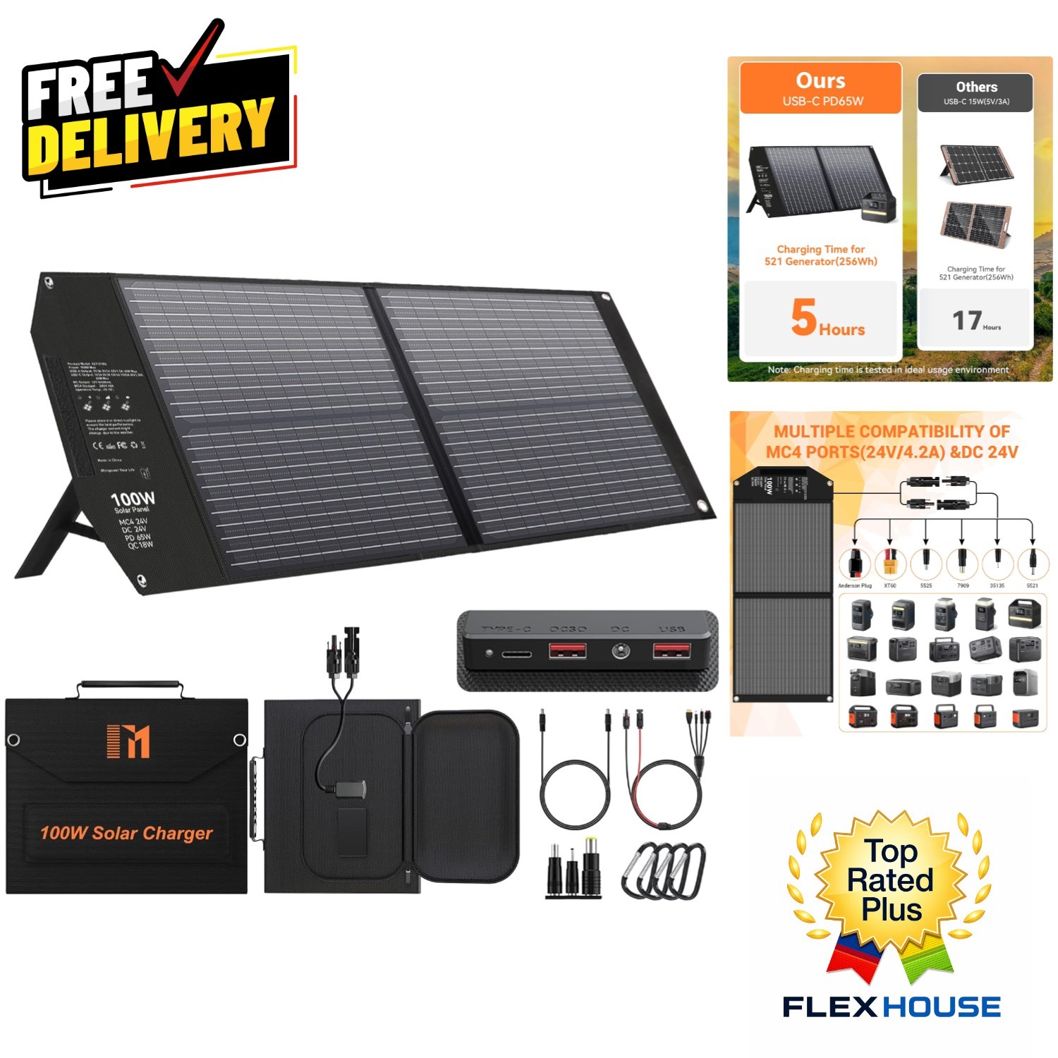 100W Portable Solar Panel – Fast Charging USB-C PD with 5 Ports for Outdoors